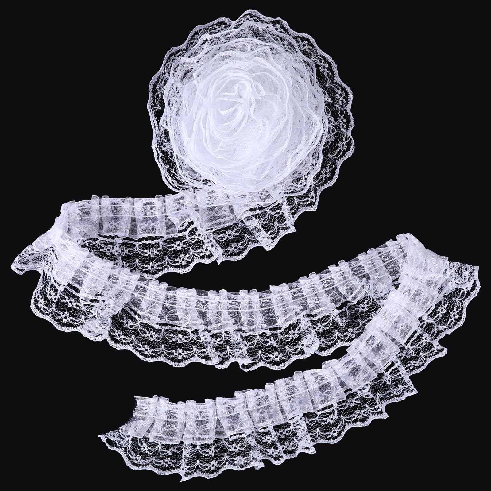 Dplolng 10 Yards White Lace Ribbon,2-Layer Pleated Edge Lace Trim White Ruffle Ribbon Laces for Crafts Sewing DIY Wedding Bridal Dress Embellishment,4.5cm Width