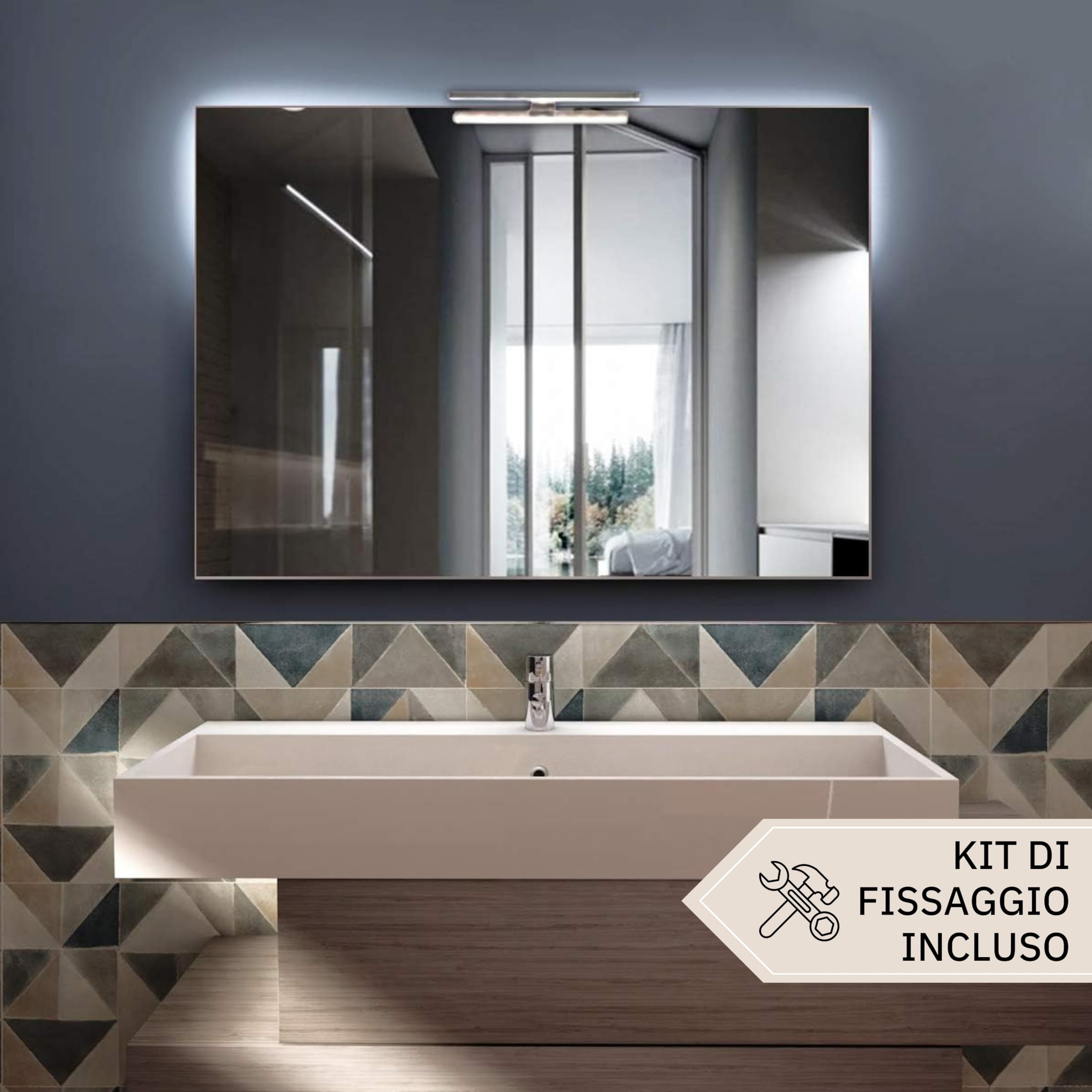 STYLE GLASS Specchio Bagno PERLA 100x70 cm, da Parete con Lampada Led Superiore, Senza Cornice Rettangolare Moderno, Luce Naturale, Design Home Decor
