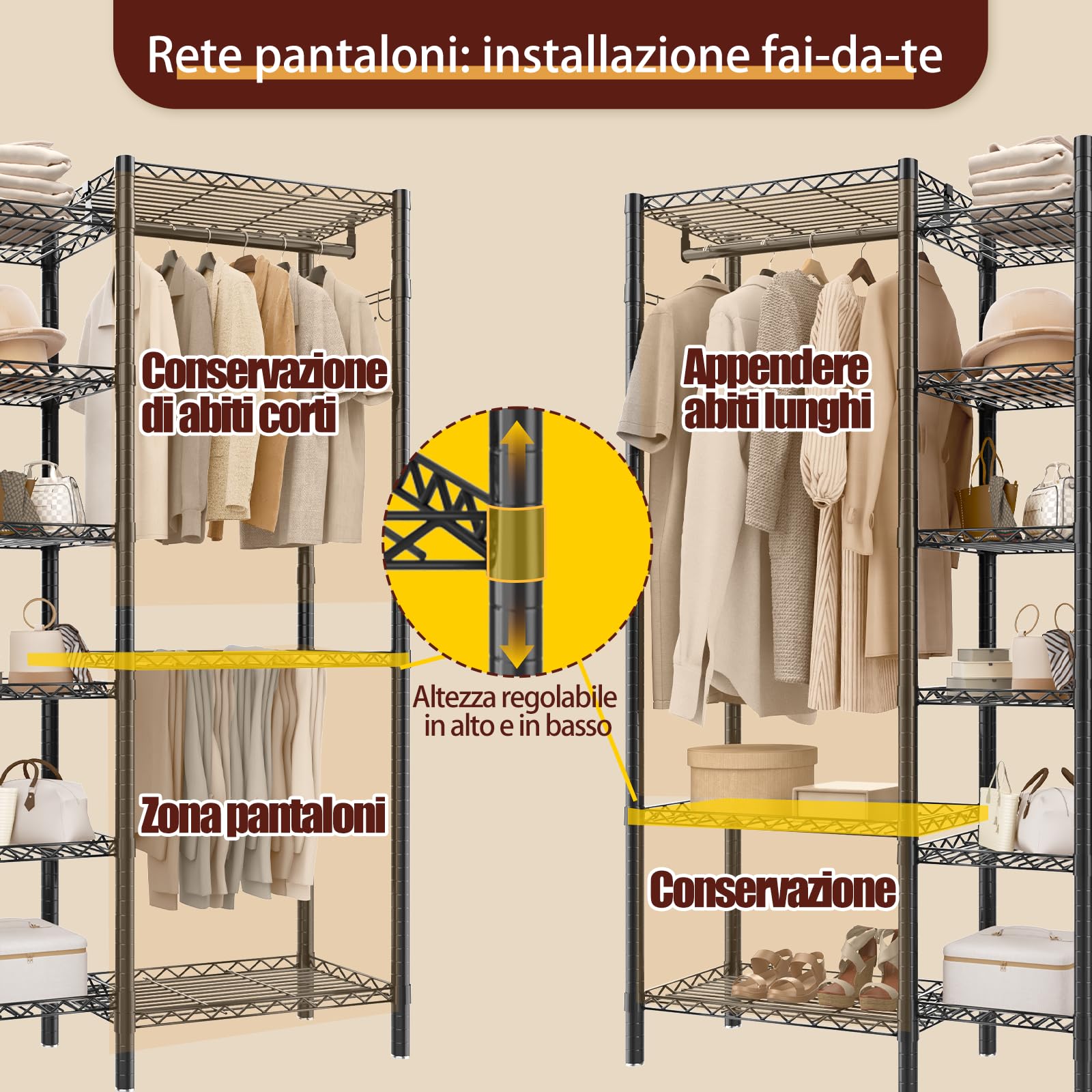 AQRA Appendiabiti da Terra Metallico, Armadio Aperto Cabina Componibile | 3 aste per abiti, ganci laterali, portata massima 372kg, dimensioni 144×42×193cm