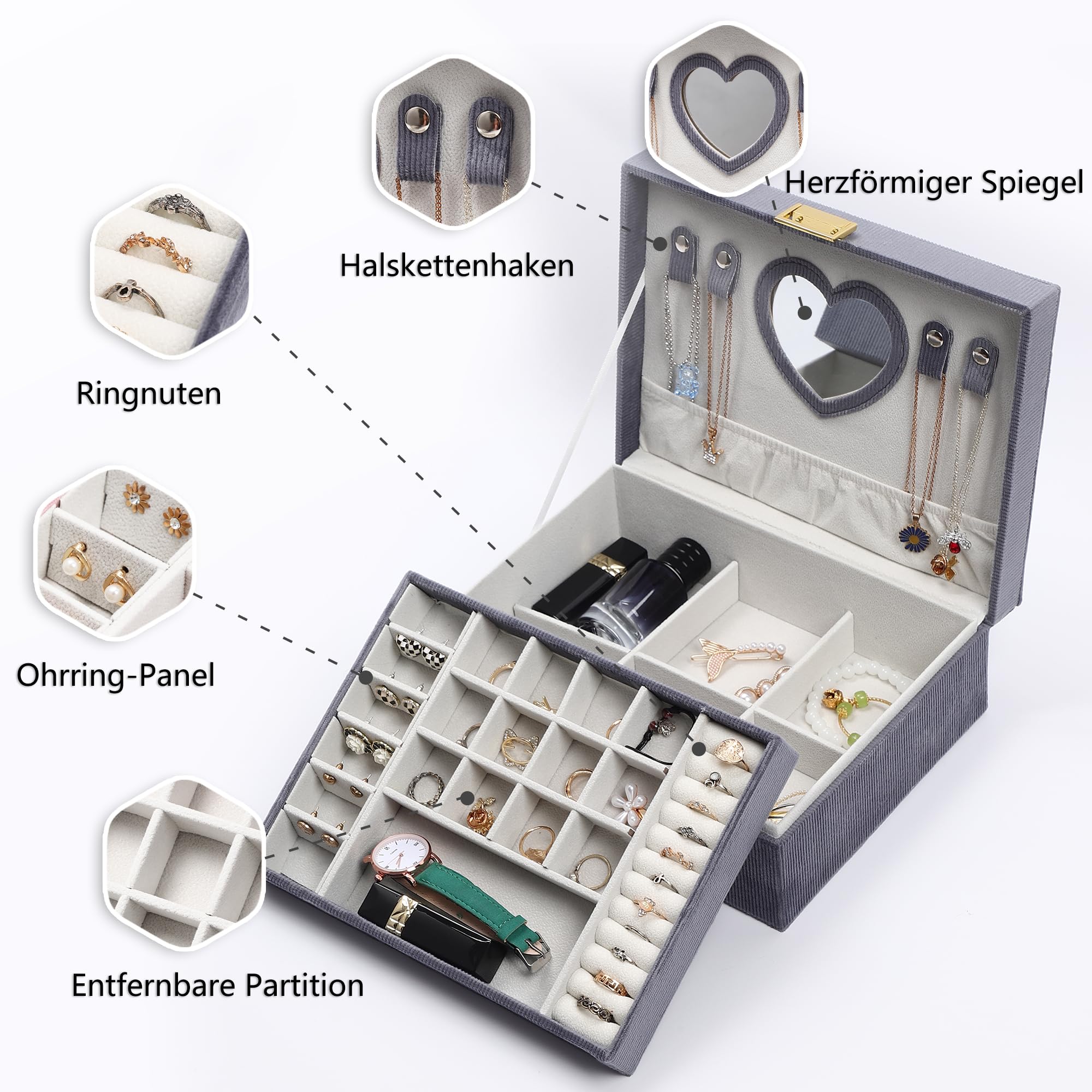Dajasan Jewelry Storage, Jewelry Box Ragazze, Jewelry Box Ladies, Portagioie da Viaggio, 2 Piani Grande Portagioielli da Viaggio di Velluto per Anelli, Collane, Bracciali, Orologi, Orecchini (Giallo)