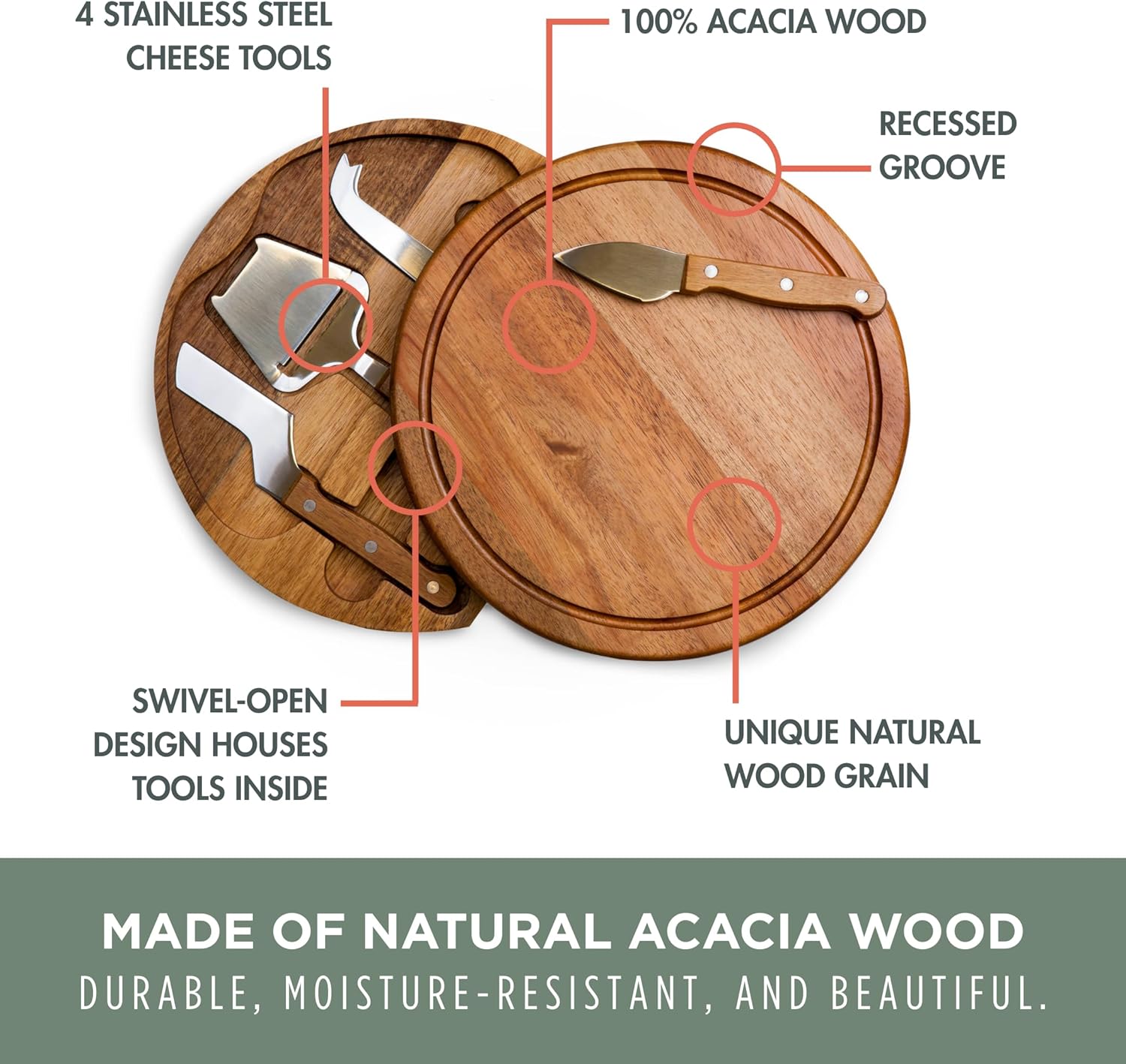 TOSCANA - a Picnic Time brand Circo Cheese Board and Knife Set - Charcuterie Board Set - Wood Cutting Board, (Acacia Wood)