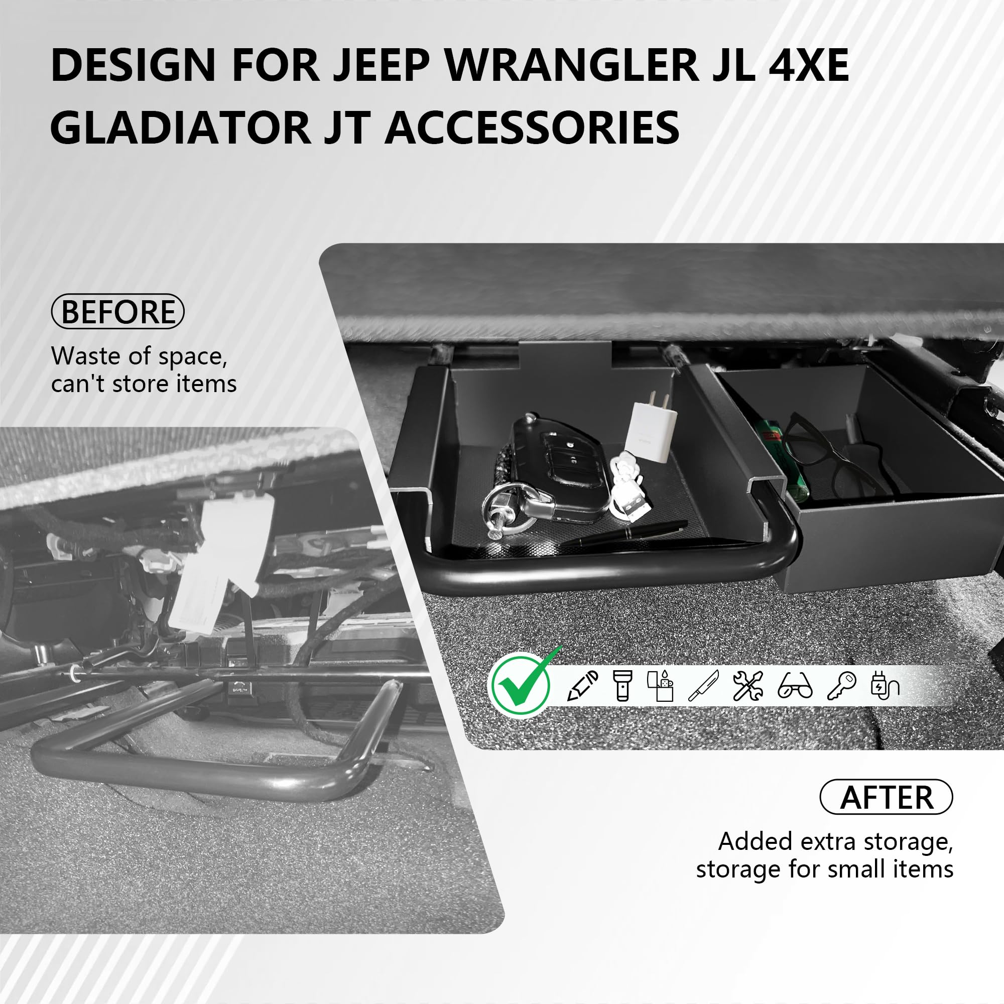 sukemichi Organizador de asiento delantero de coche para accesorios Jeep JL, bandeja de almacenamiento delantera debajo del asiento para Jeep Wrangler JL Gladiator JT 2018-2025, organizador de