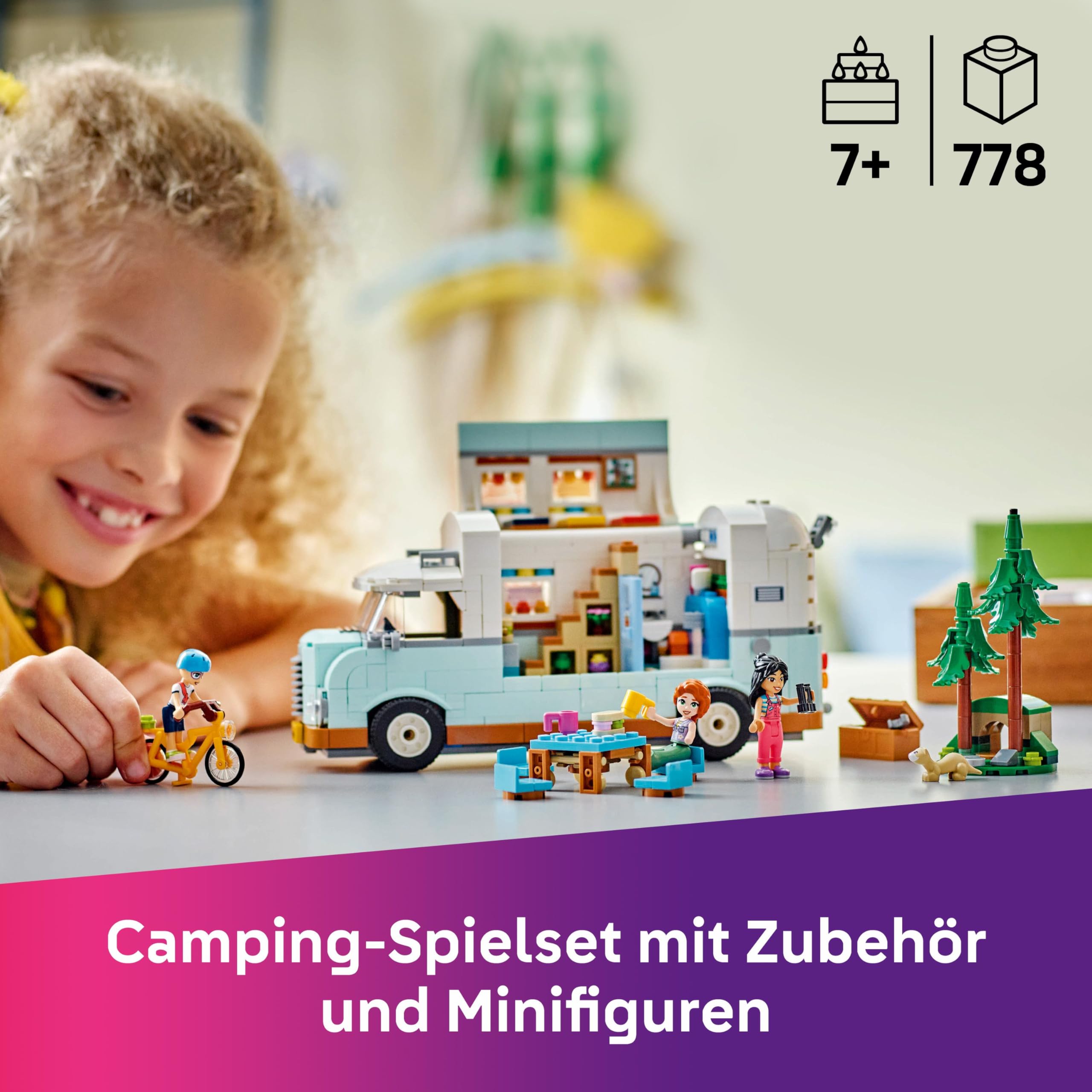 LEGO Friends Wohnmobil, Bauset für Rollenspiele mit einem Spielzeug Wohnwagen, Geschenk für Mädchen ab 7 Jahren, kreatives Spielset mit 3 Minifiguren und Frettchen Tierfigur 42663