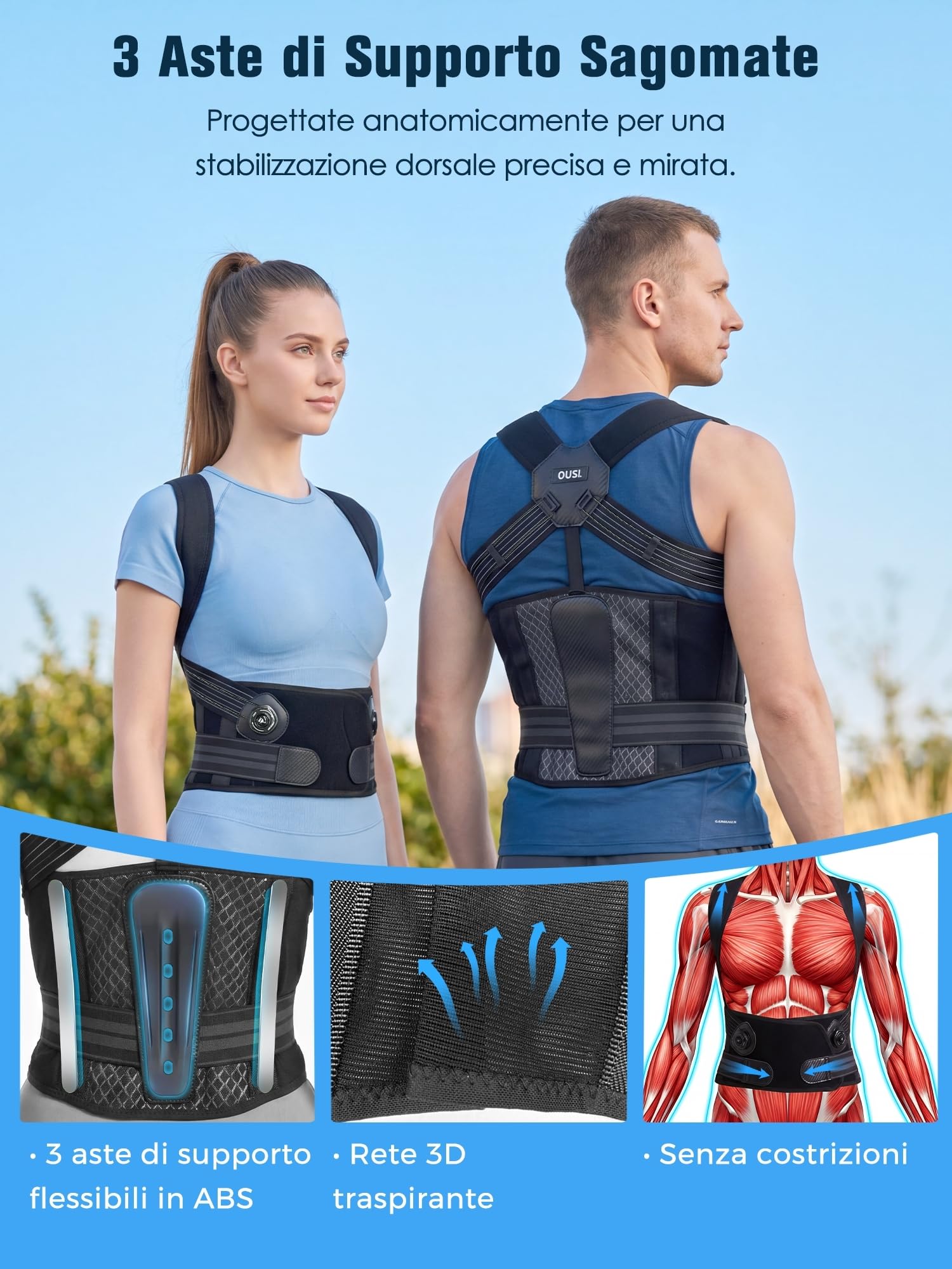 Correttore Posturale Spalle Schiena Uomo Donna：Versione Migliorata con Manopola per Regolazione di Precisione per Spalle e Schiena – Fascia Posturale Lombare Supporto Postura Postura migliore M