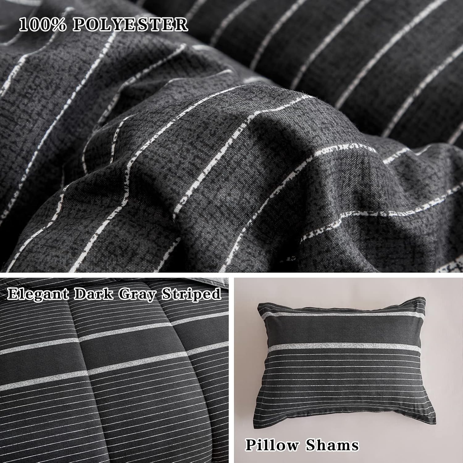 FlySheep 3 Pcs Boho Striped Comforter Set Full Full/Queen Size, White Striped on Black Dark Grey Soft Microfiber Reversible Bedding Set for All Season - Image 4