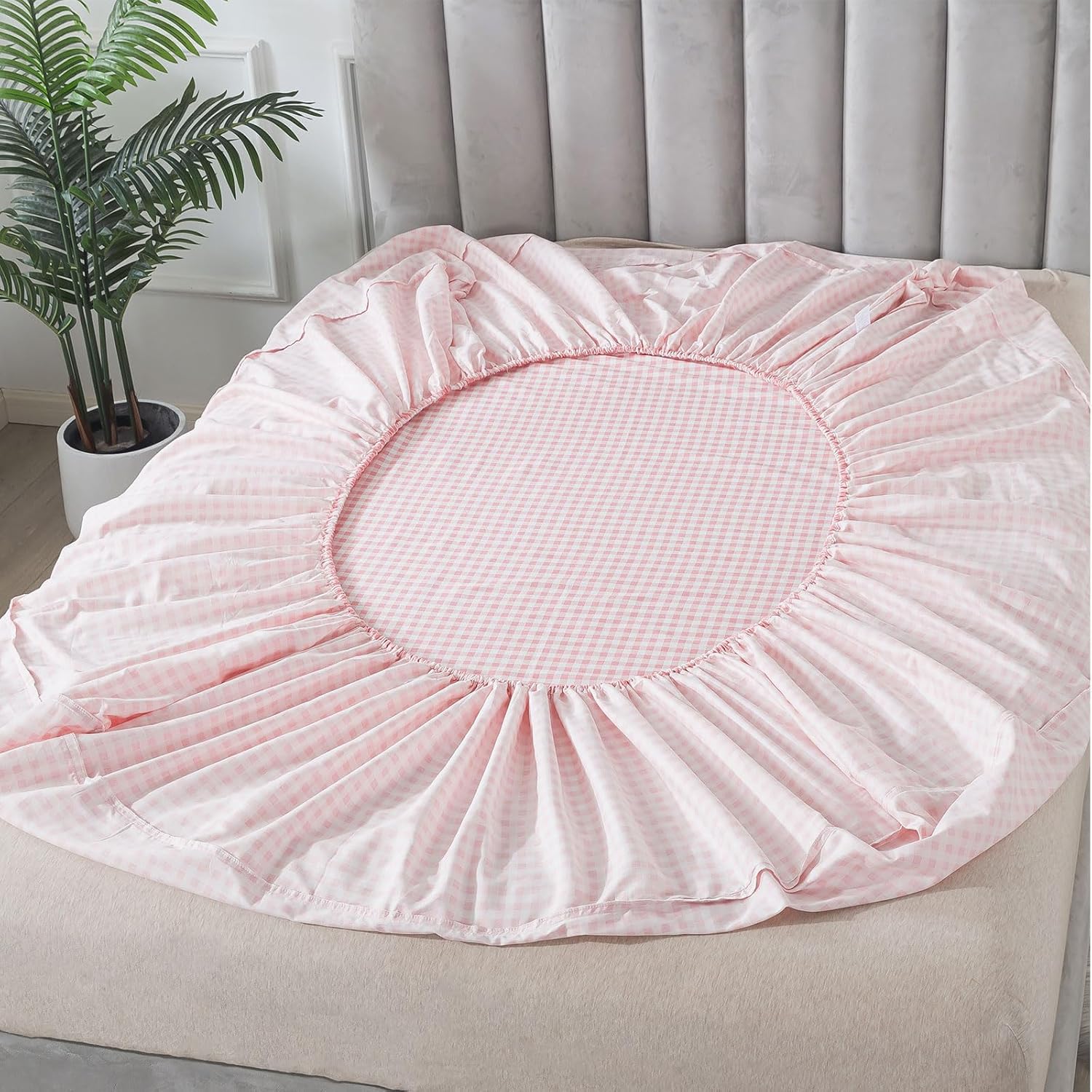 FADFAY Pink Plaid Queen Size Sheets 100% Cotton Geometric Checker Bedding Teens Grid White Gingham Pattern College Bedding Deep Pocket Sheets with 2 Pillowcases Ultra Soft 4pcs, Queen Size