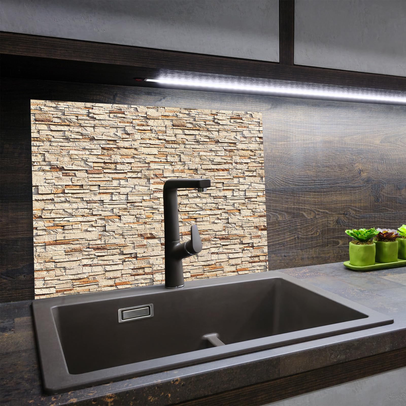 Protection plaque de cuisson, vitrocéramique, verre trempé, pour cuisinières électrique, à induction,planche à découper Mur en pierre monobloc 70x52 cm beige (111988)