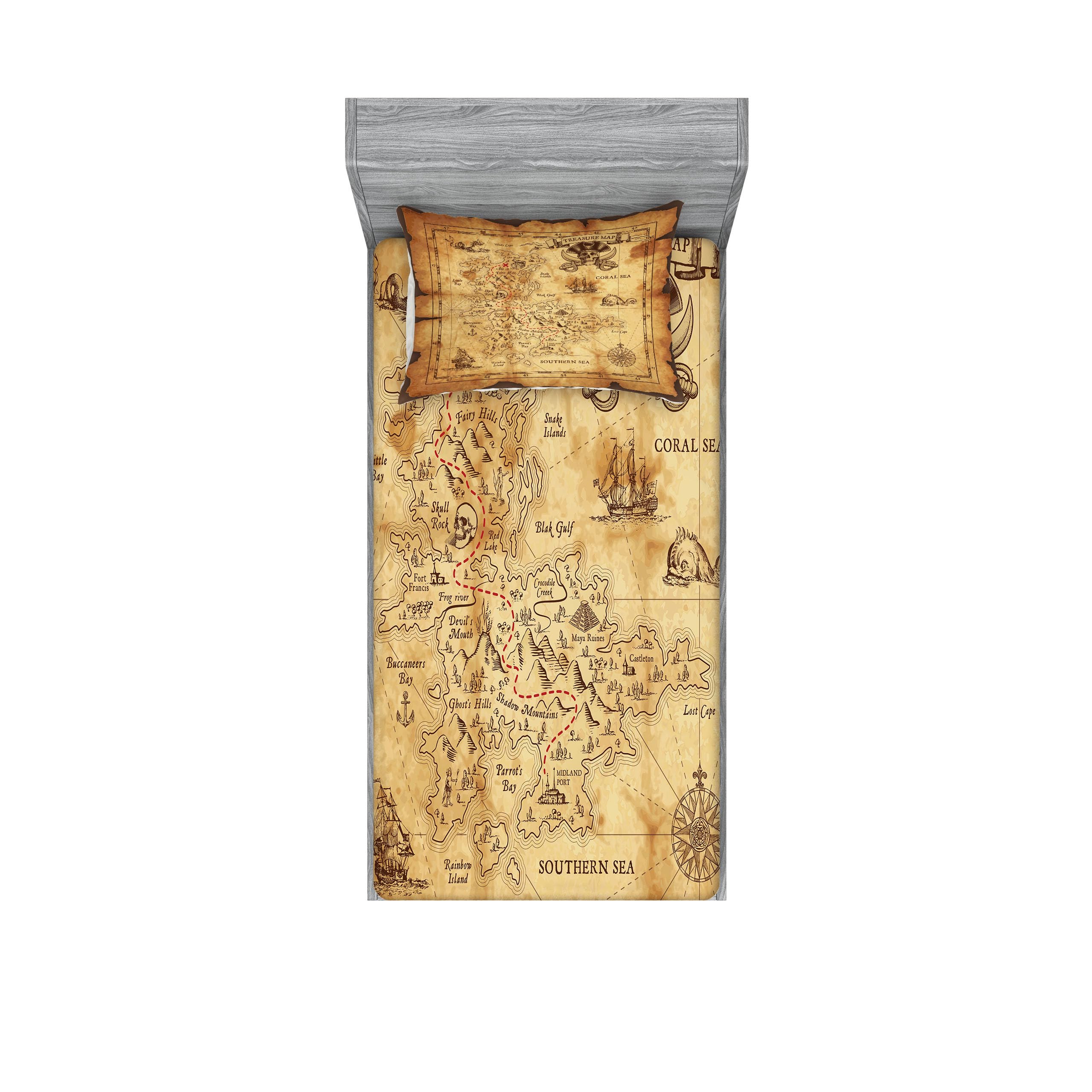 Ambesonne Island Map Fitted Sheet & Pillow Sham Set, Super Detailed Treasure Map Grungy Rustic Pirates Gold Secret Sea History Theme, Decorative Printed 4 Piece Bedding Decor Set, Twin, Cream Taupe