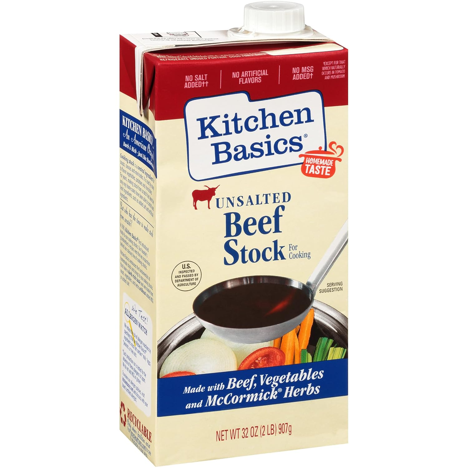 Kitchen Basics Unsalted Beef Stock 32 oz - Rich Flavorful Base for Soups, Sauces, No Salt Added