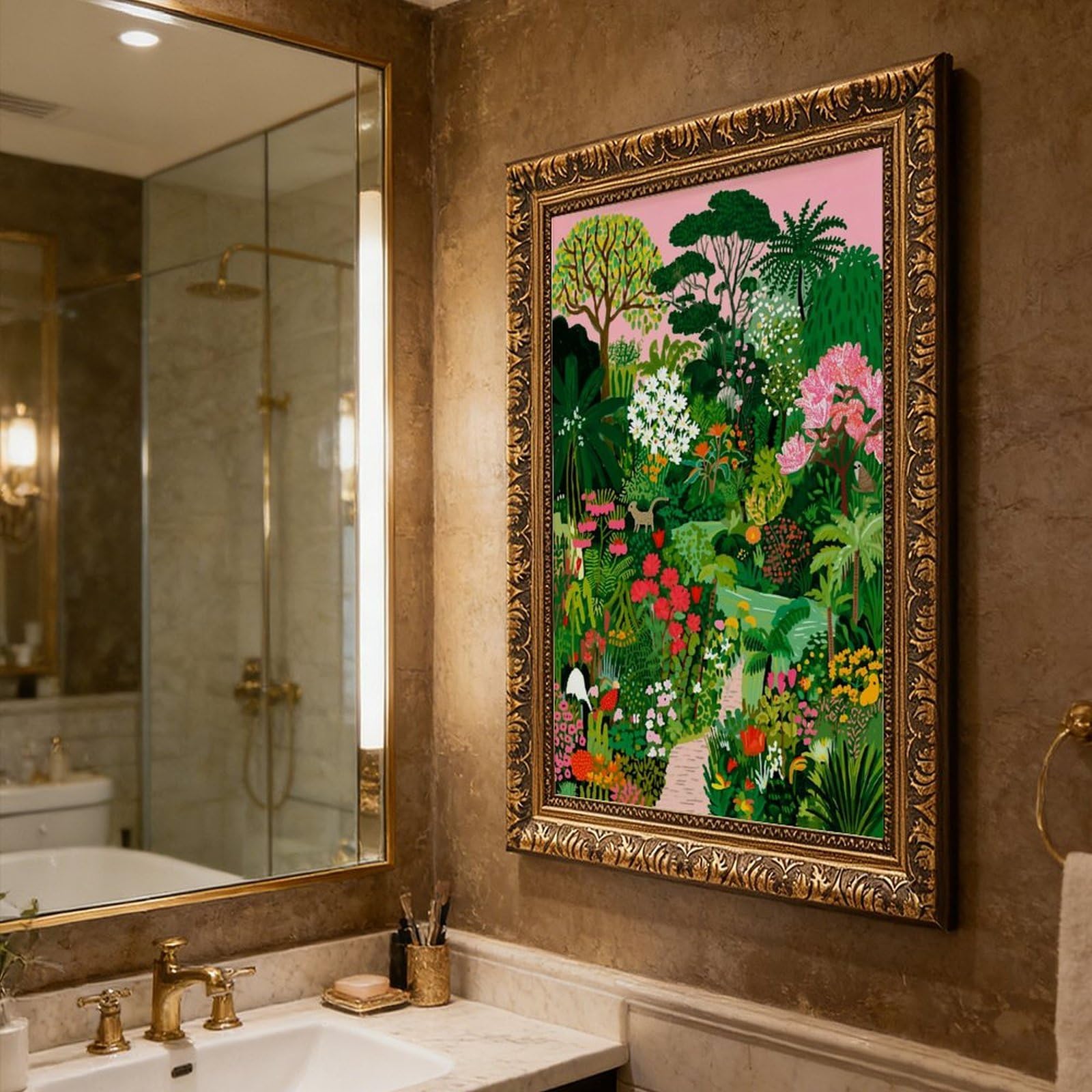 AYINUER Kunstdruck auf Leinwand, Motiv: tropischer Garten, für Schlafsaal, Dekoration, Geschenk | 50,8 cm L x 76,2 cm B, Retro-Goldrahmen, mehrere Größen, mehrere Rahmenstile, Wandkunst, Dekobild, Heimdekoration