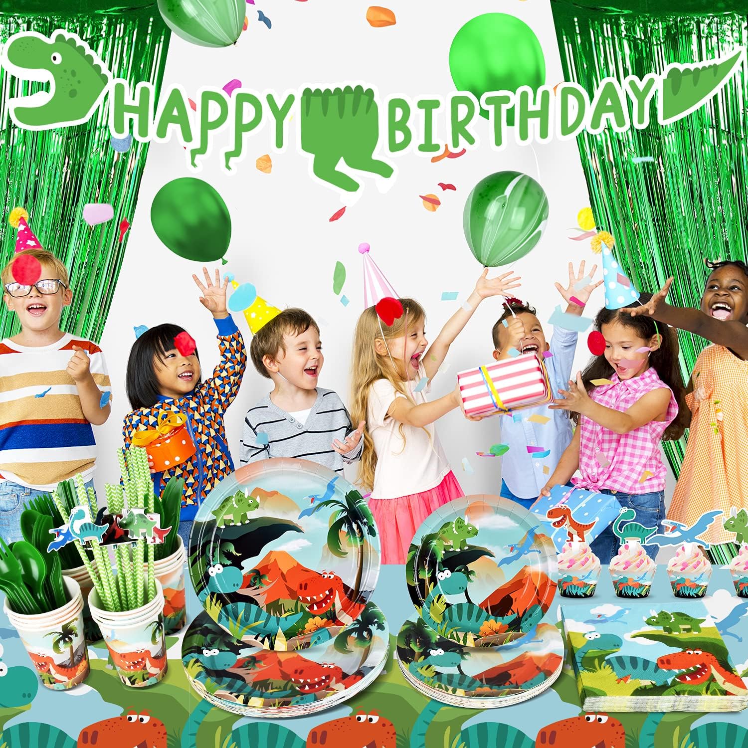 Dinosaur Birthday Party Supplies 223 PCS Gatherfun Disposable Dinosaur Party Plates, Cups, Spoons, Forks, Napkins, Straws, Tablecloth, Balloons, Banner, Cupcake Toppers and wrapper Dinosaur Party Decorations for Boys : Everything Else
