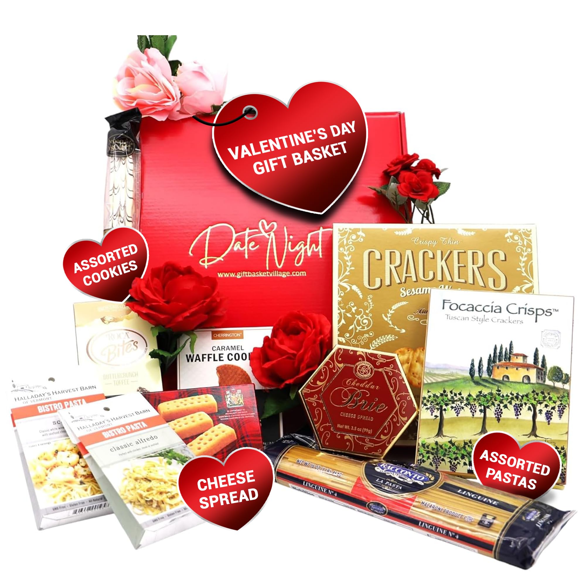 Gift Basket Village Date Night Gift Box – Gourmet Pasta, Cheese, Crackers, Cookies, Roca and More, Ideal Valentine's Day Gift or Anniversary Surprise, Handcrafted with Care