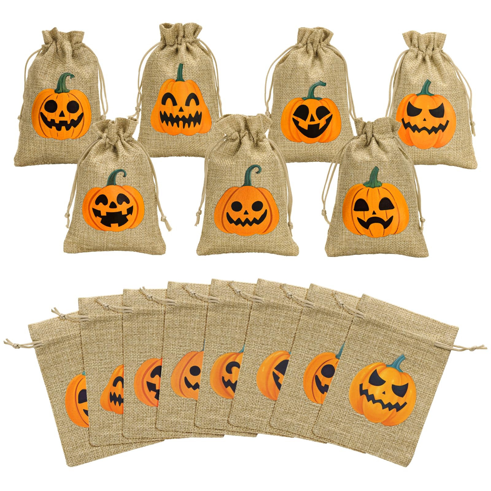 G2PLUS 24PCS Halloween Burlap Gift Bags, 10x15cm Treat Bags with Ghost Tags, Pumpkin, 10 x 15 cm - Image 2