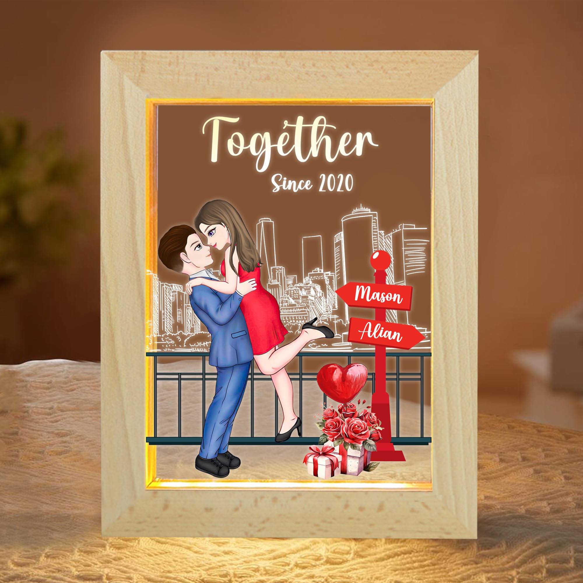 Personalized Couple Crossroads Frame Light Custom Couple Cartoon Portraits LED Night Light with Name Together Since Acrylic Plaque Light Box Couple Shadow Box Sign Gift for Couple Wife Husband