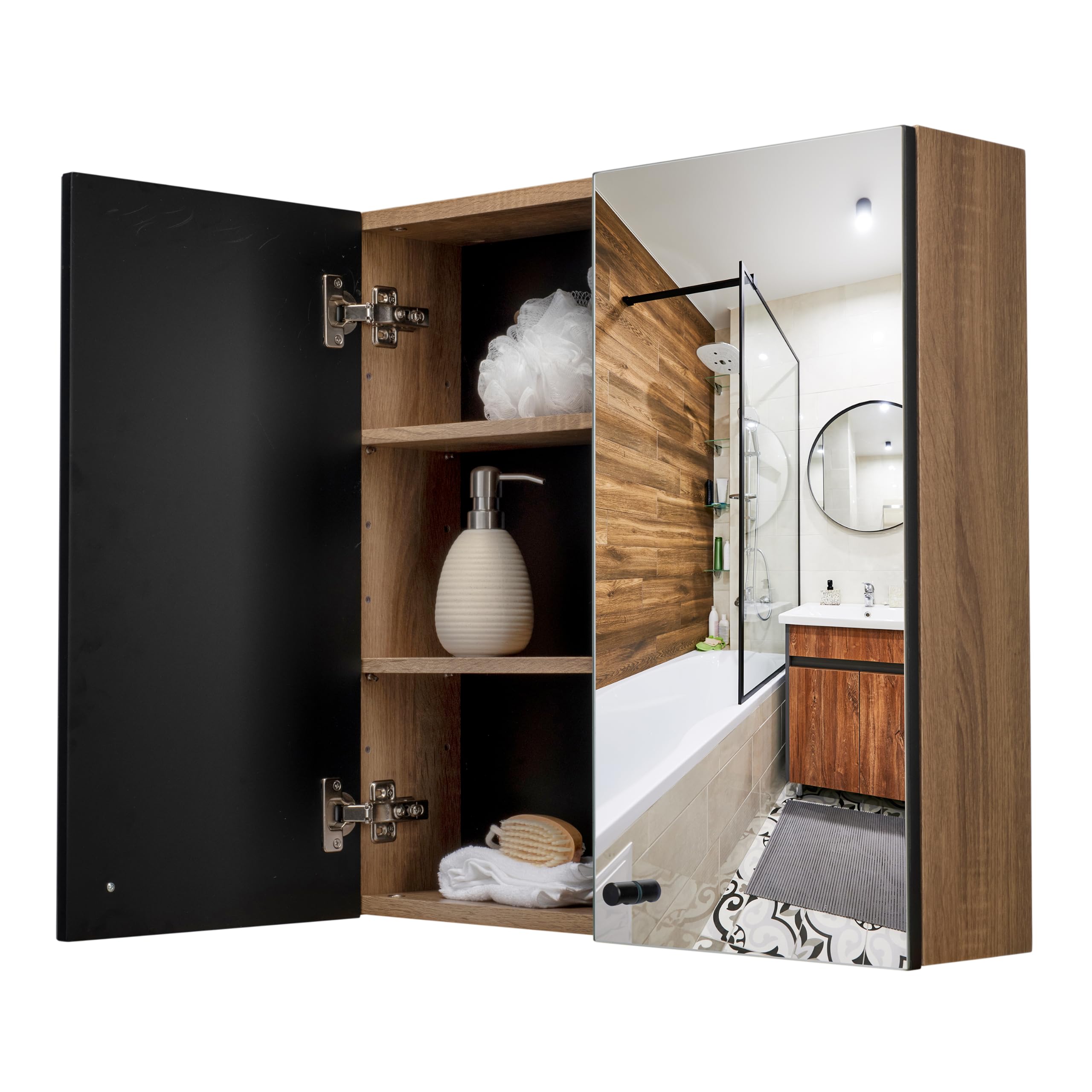 Croydex Armario de Doble Puerta con Espejo Flexi Fix de fácil instalación, Fabricado en Madera, Efecto Teca, 60 cm x 60 cm