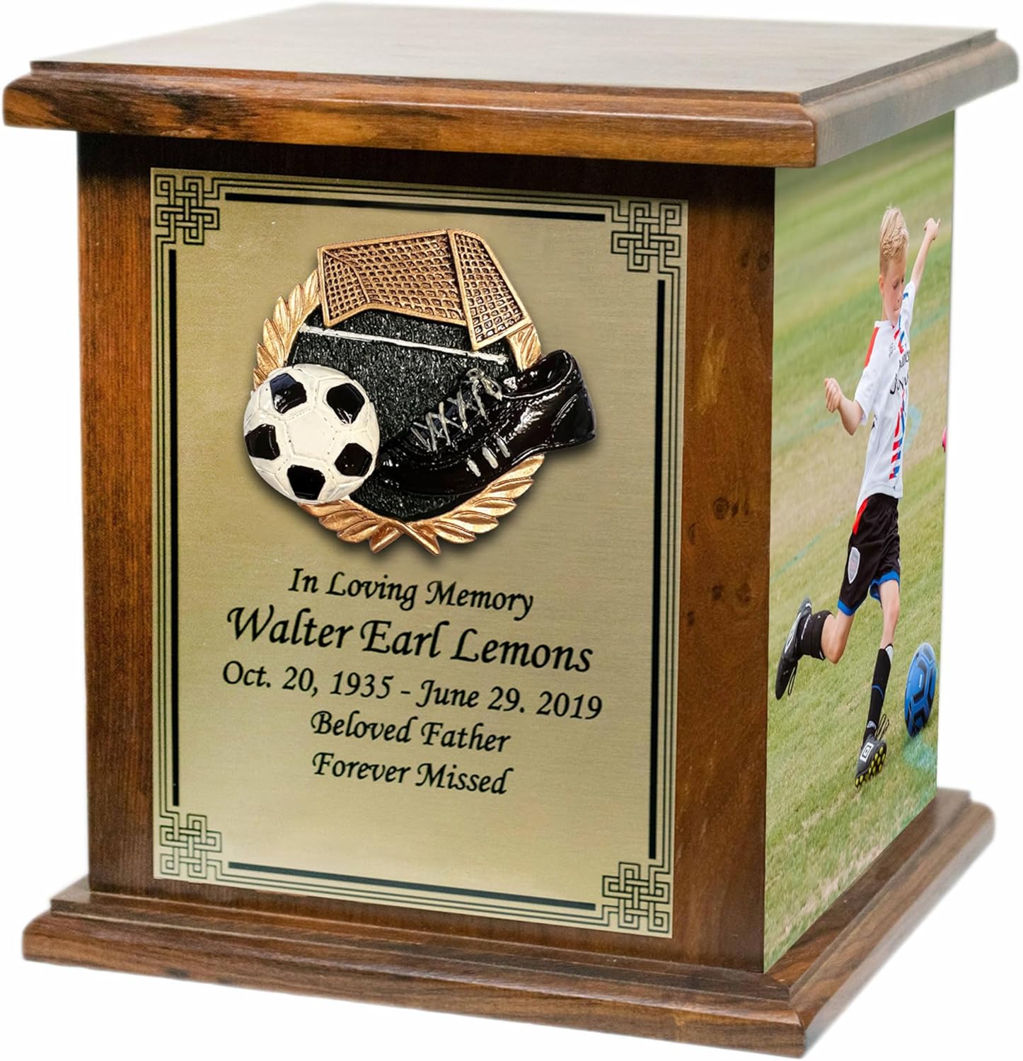 Sports Adult Memorial Wooden Cremation Urn, Wood Funeral Urns with Personalization (Brown, Large, Soccer)