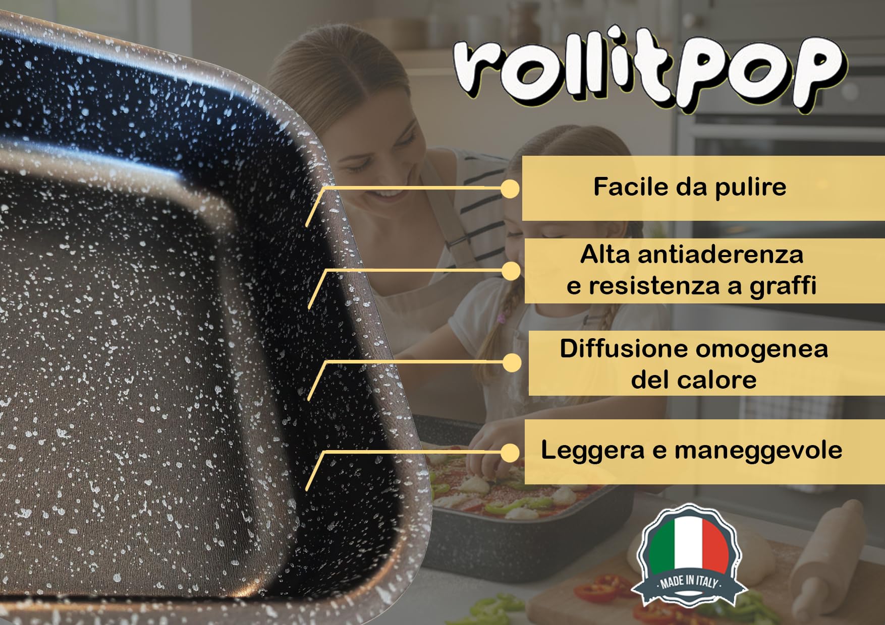 RollitPop Teglia da Forno Rettangolare Antiaderente in Alluminio, Adatta per Lasagne e Pizze, 31x23 cm, Facile da Pulire in Lavastoviglie, Made in Italy