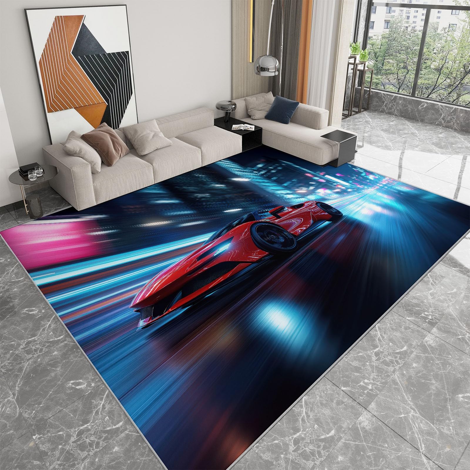Genérico Dywan do salonu 180 x 240 cm dywaniki do sypialni antypoślizgowe surrealizm samochód sportowy mata podłogowa do sypialni niebieski dekoracyjne dywaniki do salonu