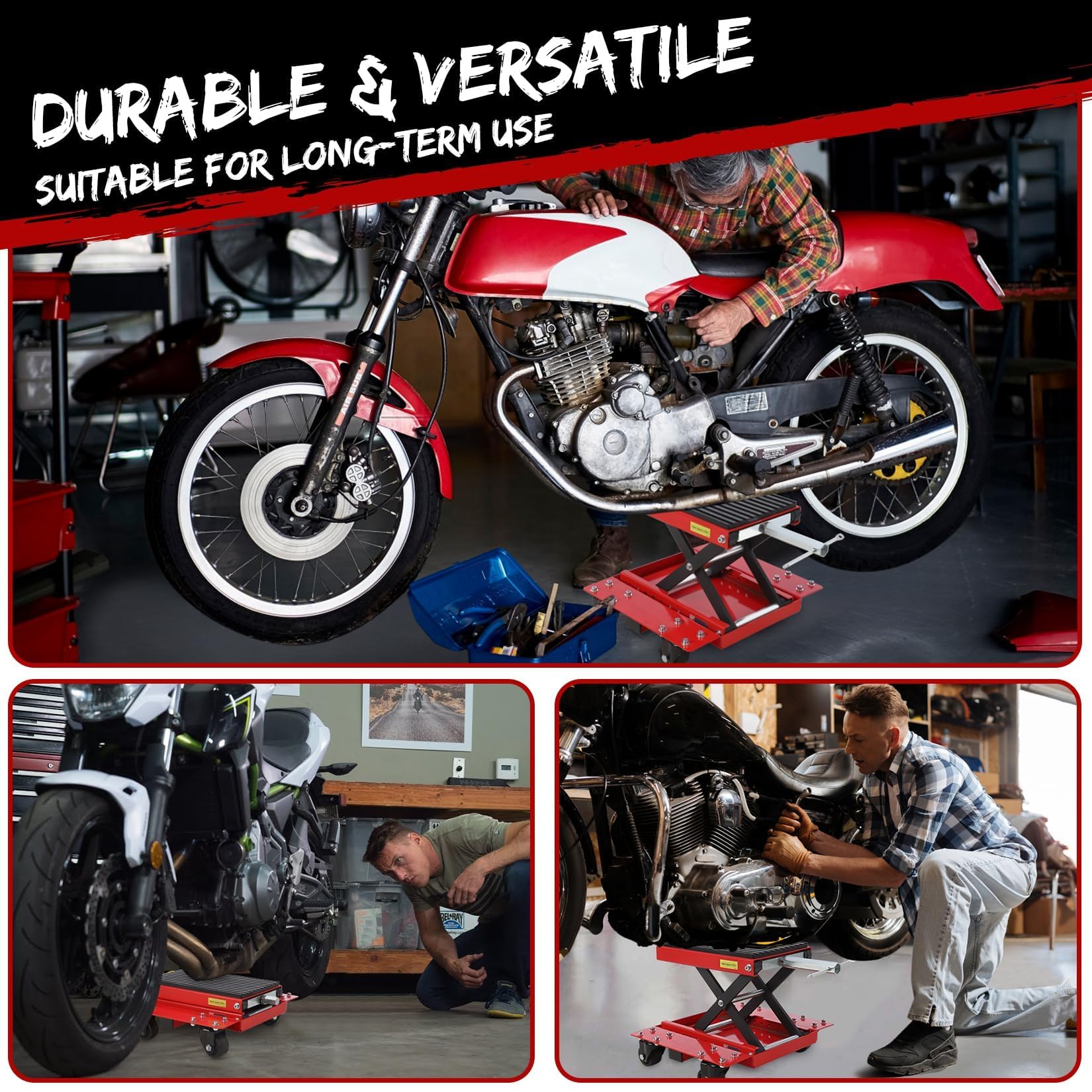 Cric de Levage Moto Robuste 544 kg – Plateforme en Caoutchouc Anti-Dérapante – Chariot Ciseaux à roulettes & Broche de Sécurité – Idéal pour Réparations