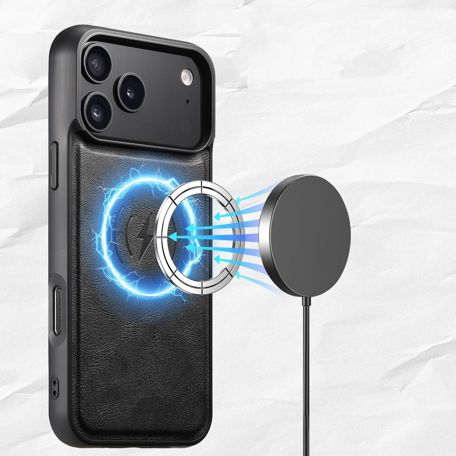 Funda de Cuero con Tacto Esmerilado, imán y Carga inalámbrica para iPhone 17 Pro MAX, 16 Plus, 15, 14, 13 y 12 (para iPhone 15 Plus/Azul).