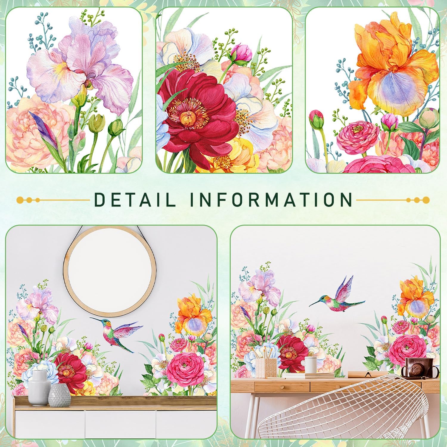 Large Removable Flowers Wall Stickers Colorful Peonies Wall Decals Peel and Stick Floral Plants Birds Wall Art Murals for Bedroom Living Room Sofa Background Decor