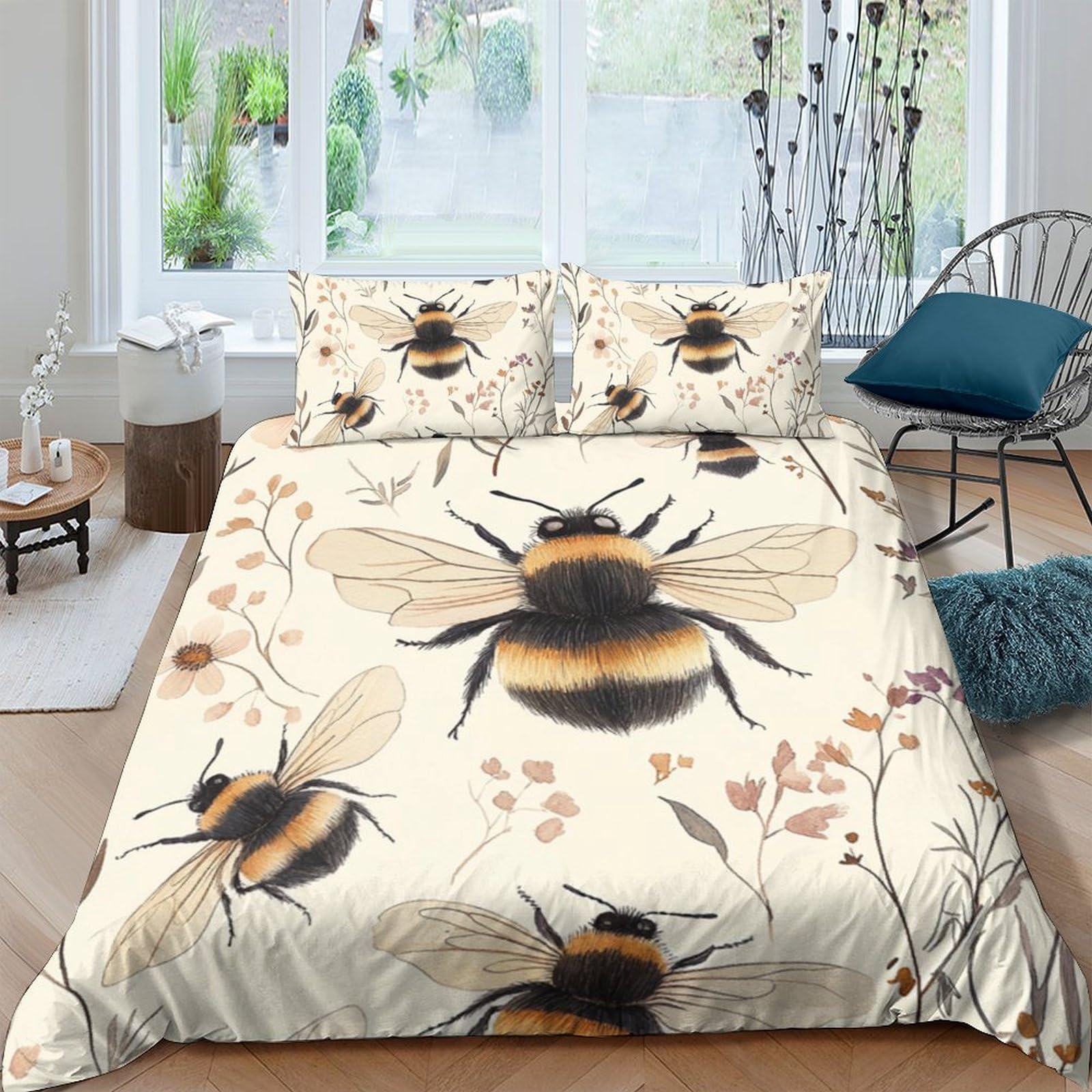 GPLZQXKJNH 3D Printed Bumblebee Duvet Cover Microfiber Soft Breathable Wildflower Bedding Set with 2 Pillowcases for Bedroom Home Decor Single（135x200cm）