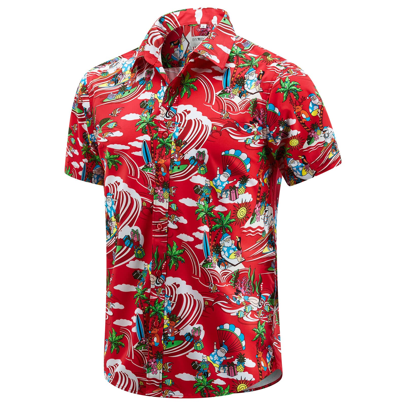 ENVMENST Christmas Button Up Shirt for Men Fun Printed Casual Short Sleeve Hawaiian Santa Shirt size 3XL