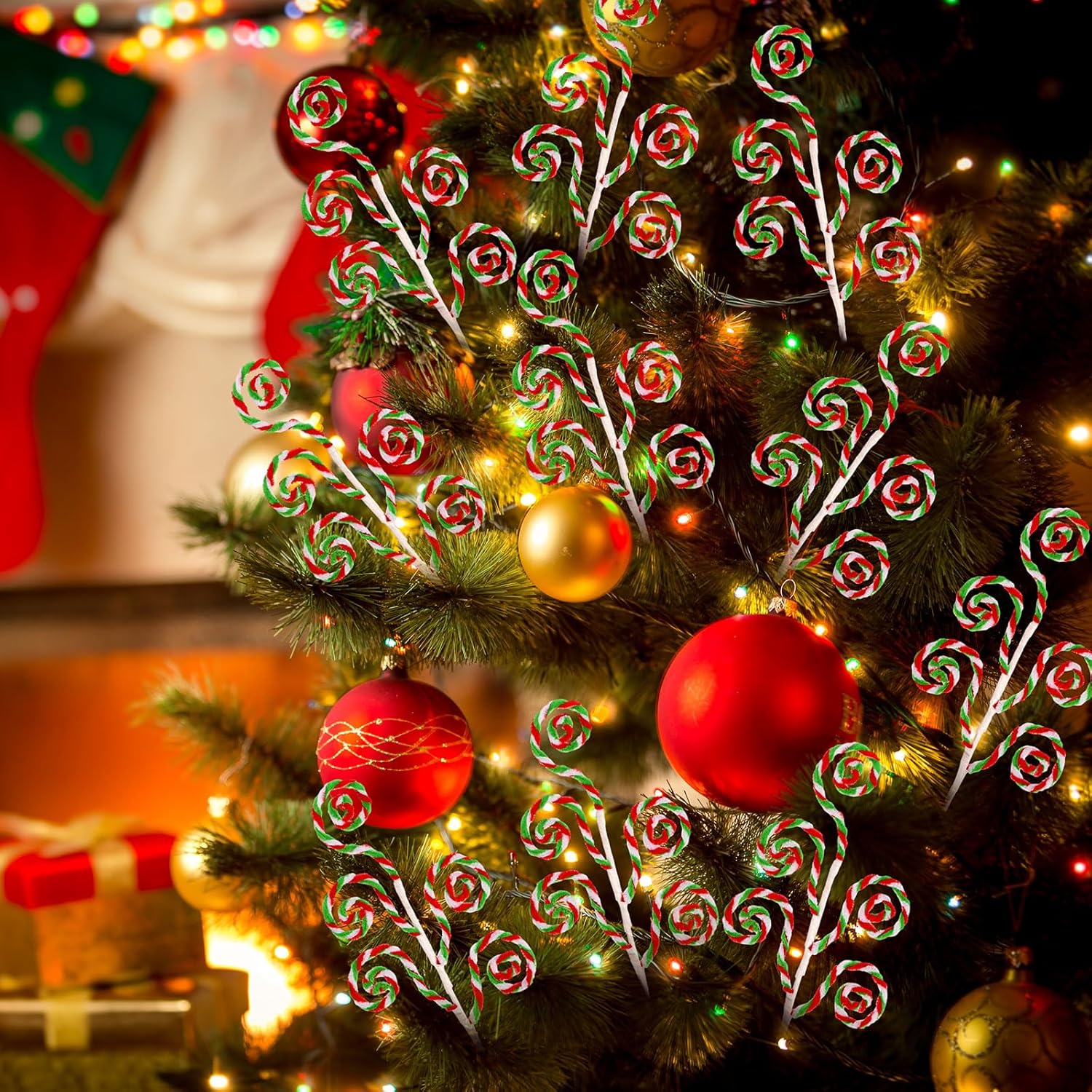 Gerrii 6 Pcs Red Green White Candy Cane Christmas Decoration 16" Tree Pick Peppermint Christmas Ornament Xmas Tree Topper Woolen Curly Lollipop Pick Spray for Holiday Party Vase Wreath Garland - Image 5