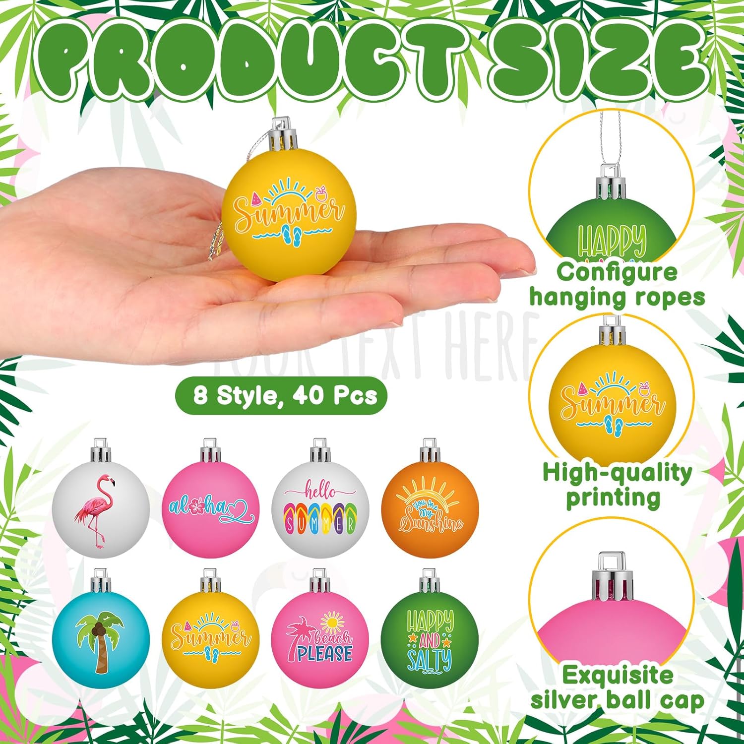 VIHOSE 40 Pcs Summer Ball Ornaments Colorful Hawaiian Ornaments for Tree 1.18" Flamingo Sun Coconut Palm Hanging Decorations Pink Blue Hanging Summer Beach Plastic Balls for Home Decors Holiday Party