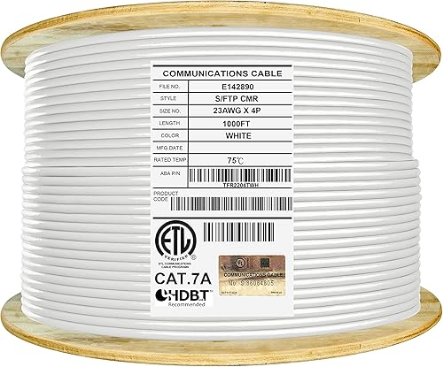 Elite CAT7A - Elevador blindado (CMR), cable Ethernet de 1000 pies, par trenzado de lámina blindada (SFTP) 23 AWG, cobre puro puro sólido, 1000 MHz,