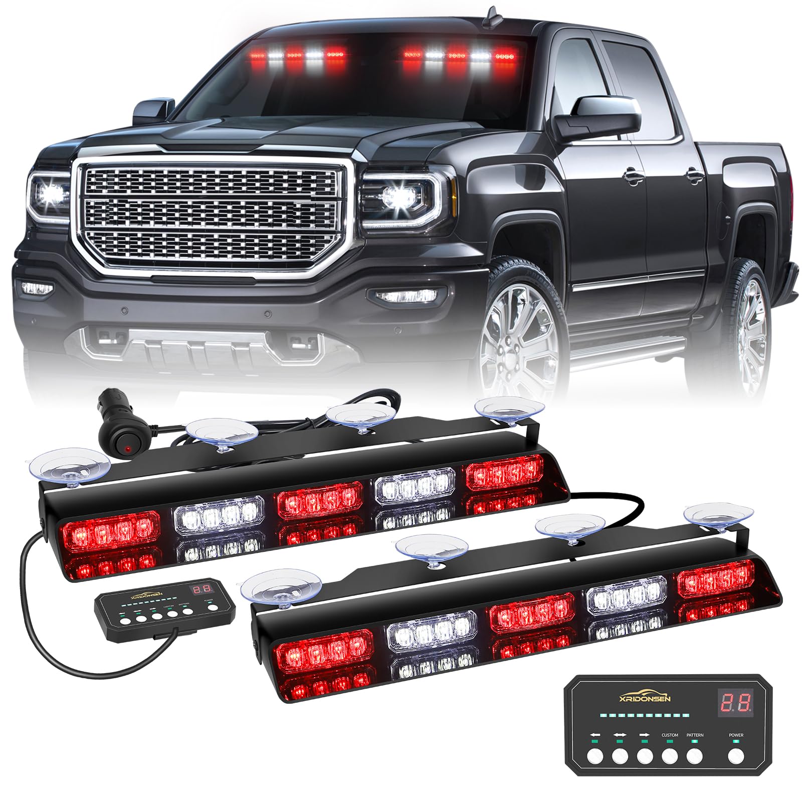 XRIDONSEN 2x 17 inch Red White Emergency Lights for Vehicles 40 LED Emergency Dash lights Interior Front/Rear Windshield Strobe Lights Safety Flashing Warning for Volunteer Firefighter Vehicles Trucks