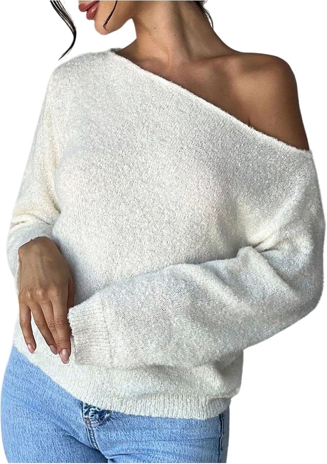 MakeMeChic Women's Off The Shoulder Sweater Tops Long Sleeve Knit Lightweight Fall Cropped Sweaters