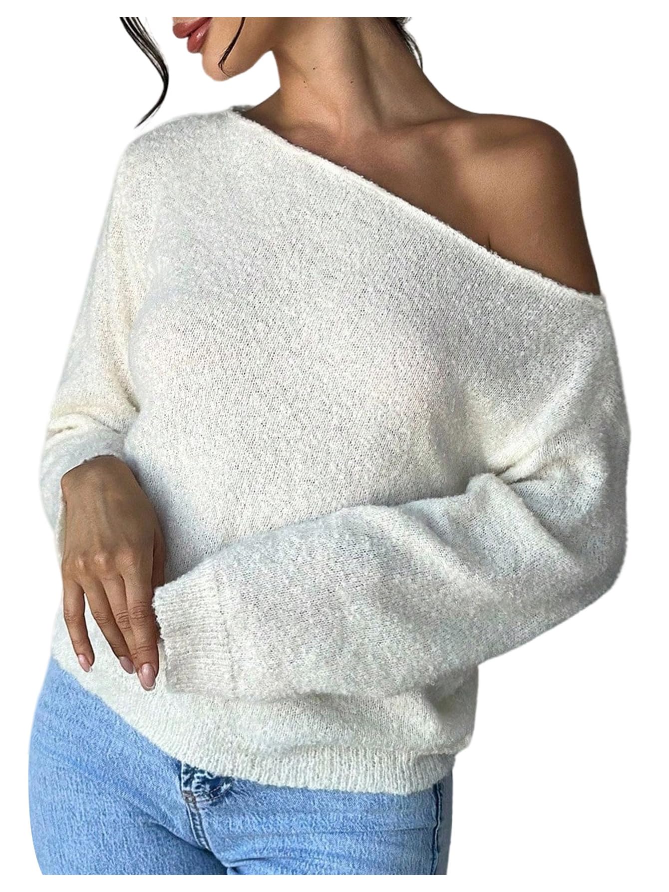 MakeMeChic Womens Off The Shoulder Sweater Tops Long Sleeve Knit Lightweight Fall Cropped Sweaters