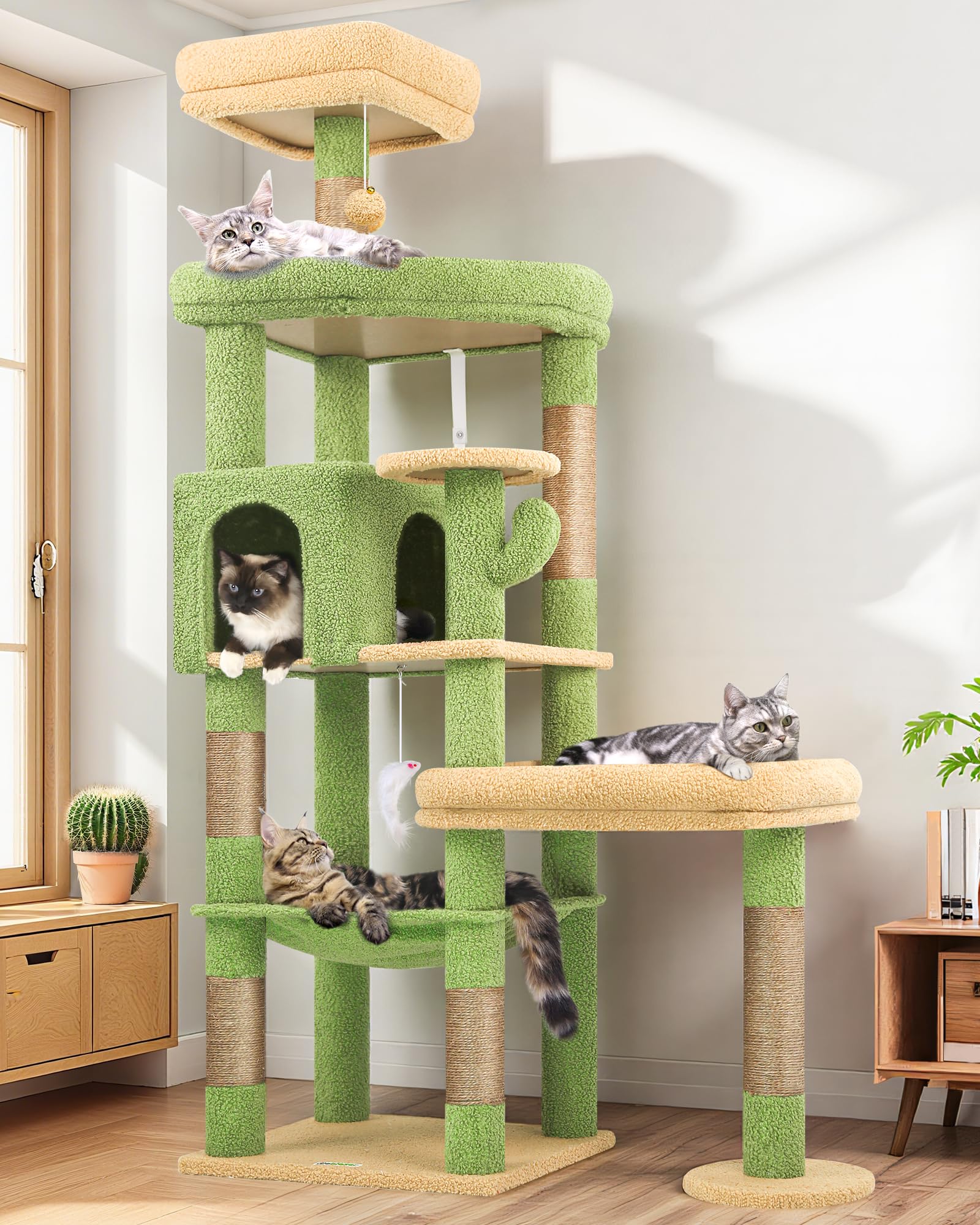 Globlazer Tiragraffi Cactus Verde per Gatti Grandi Alto 165cm con 2 Grandi Imbottiti Piattaforma 48*42CM, Extralarge Amaca, Grotte, Trespoli, Albero Torre Stabile con Supporto per Gatto (S65, Verde)