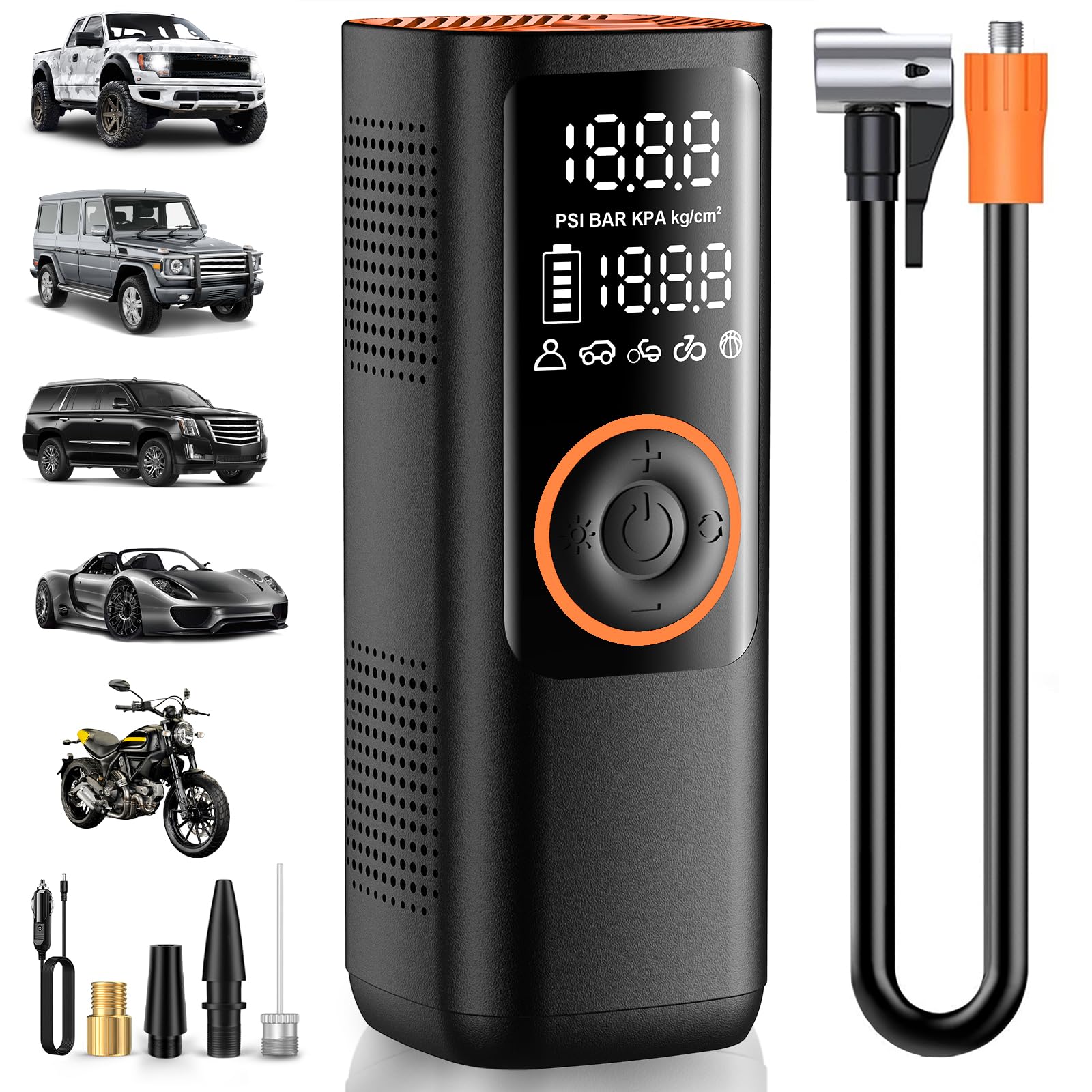 Inflador de neumáticos portátil - 150 PSI, sin Cable, batería 7800mAh y 12V CC, inflado rápido 25L/min, Apagado automático, luz LED. para Coche, Bicicleta, Moto y balones ClimeCo Certified