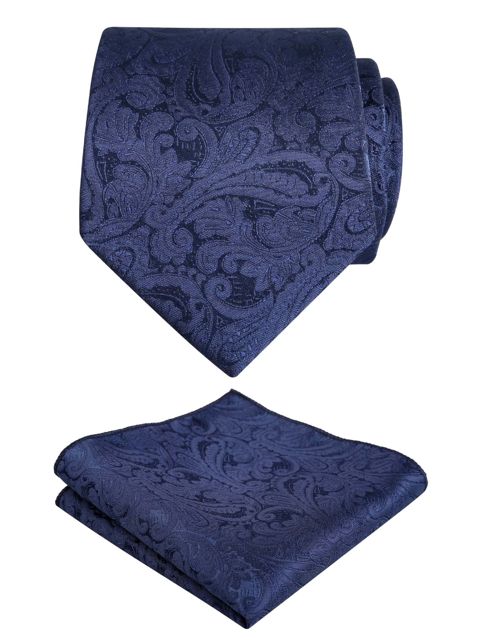 Men's Paisley Floral Tie Handkerchief Wedding Woven Necktie Set, Navy, 59inches(L)*3.5inches(W)