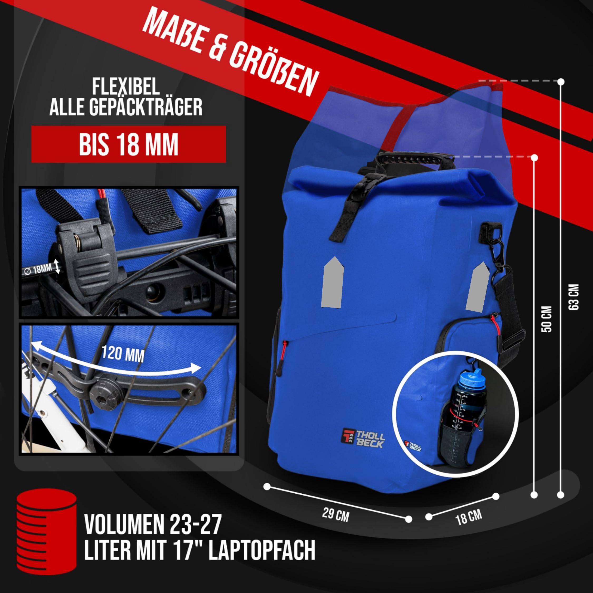 THOLLBECK IMPULS 3 in 1 Fahrradtasche & Fahrradrucksack mit MAGNETVERSCHLUSS (23-27l) - wasserdicht für Gepäckträger bei Fahrrad & E Bike -Mountainbike Rucksack Herren & Damen mit Laptopfach