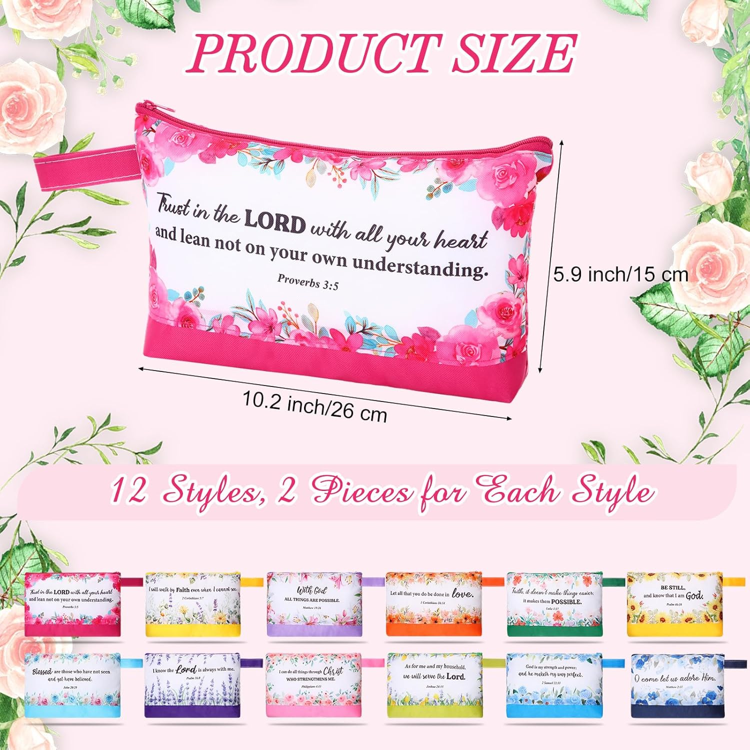 Kacctyen 24 Pcs Christian Gift for Women Religious Inspirational Bible Verse Flower Cosmetic Bag Christmas Gift for Church Inspirational Bible Verse Pencil Pouch Makeup Bags with Zipper for Sister - Image 2