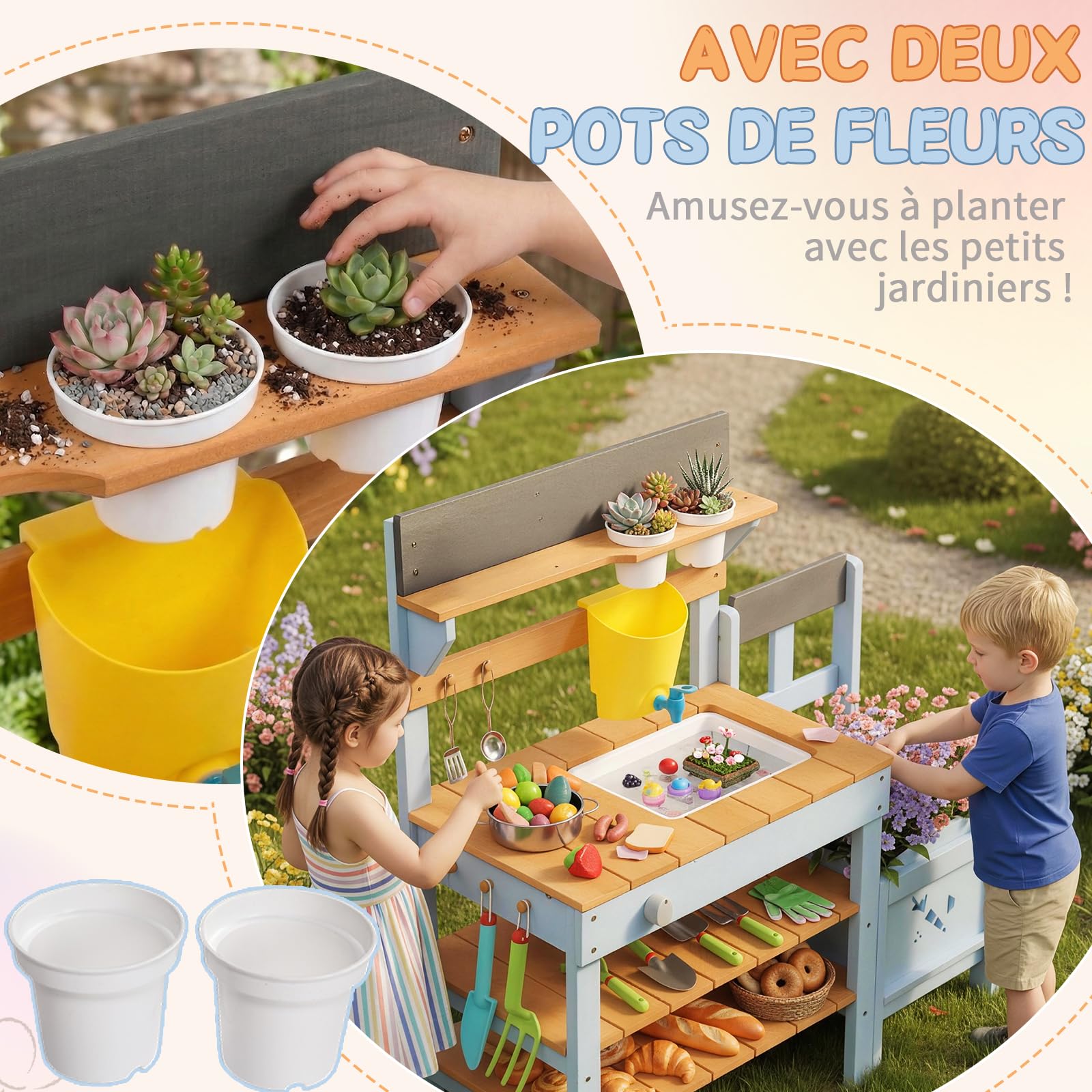 LEADZM Cuisine en Bois Enfant Extérieure avec Bac à Plantes, Jeux en Plein Air Cuisine avec Évier, Pots de Fleurs, Robinet, Cuisinière, Convient aux Enfants de 3 Ans et Plus, Bleue