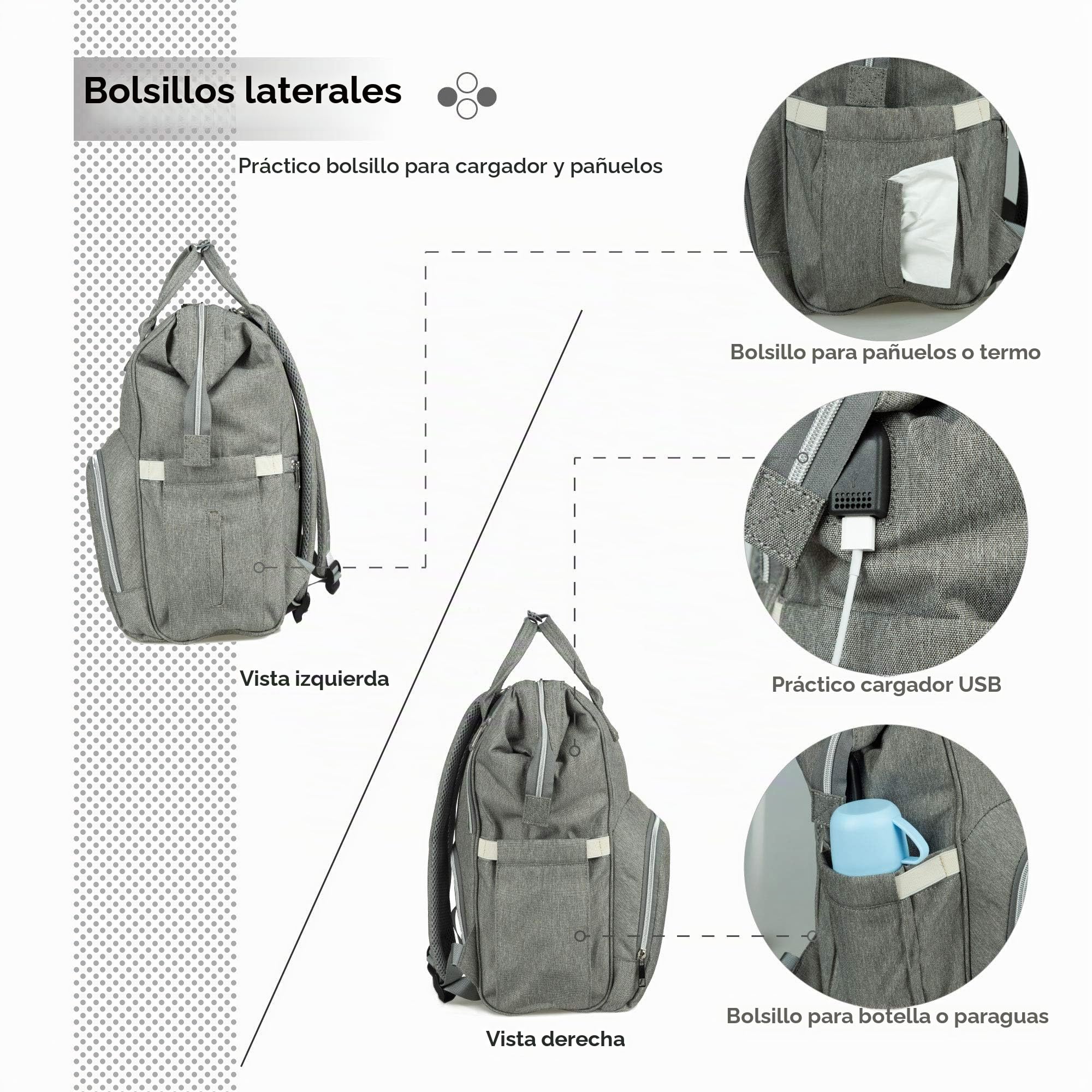 Mochilas de Pañales para Bebé, Maternal Bolso Multifuncional con USB de Viaje, Gran Capacidad, Impermeable (Gris)