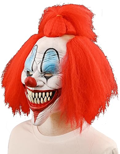 Miniatura 9 de Máscara de payaso de Halloween aterradora para adultos con pelo, máscara de disfraz de asesino malvado de terror