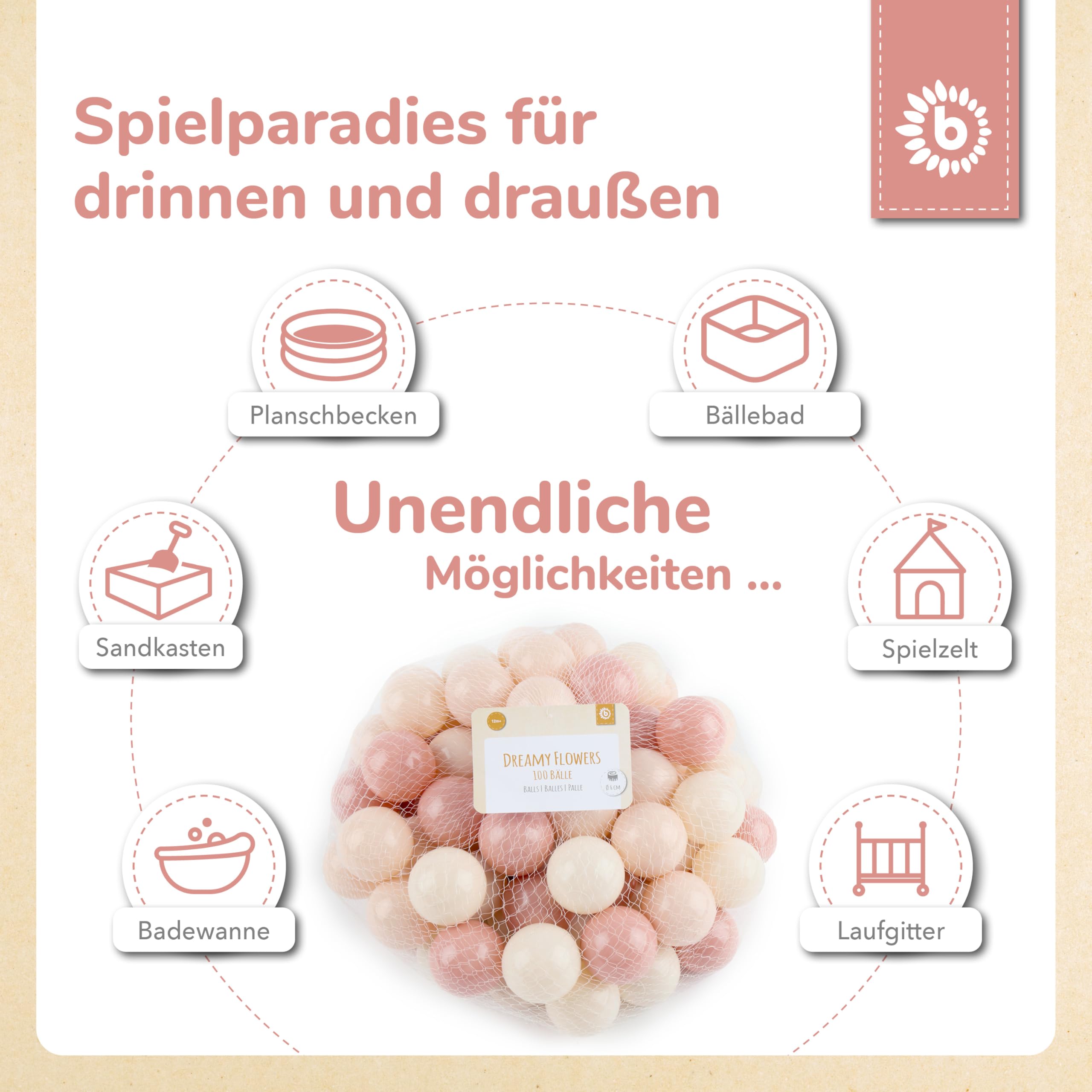 Bieco Bälle für Bällebad Dreamy Flowers | 100 Stück | Bunte Bälle | Bällebad Kinder | Bällebad Baby | Bällebad | Bällebad Bälle | Baby Ball | Ball Kinder | Spiele für draussen