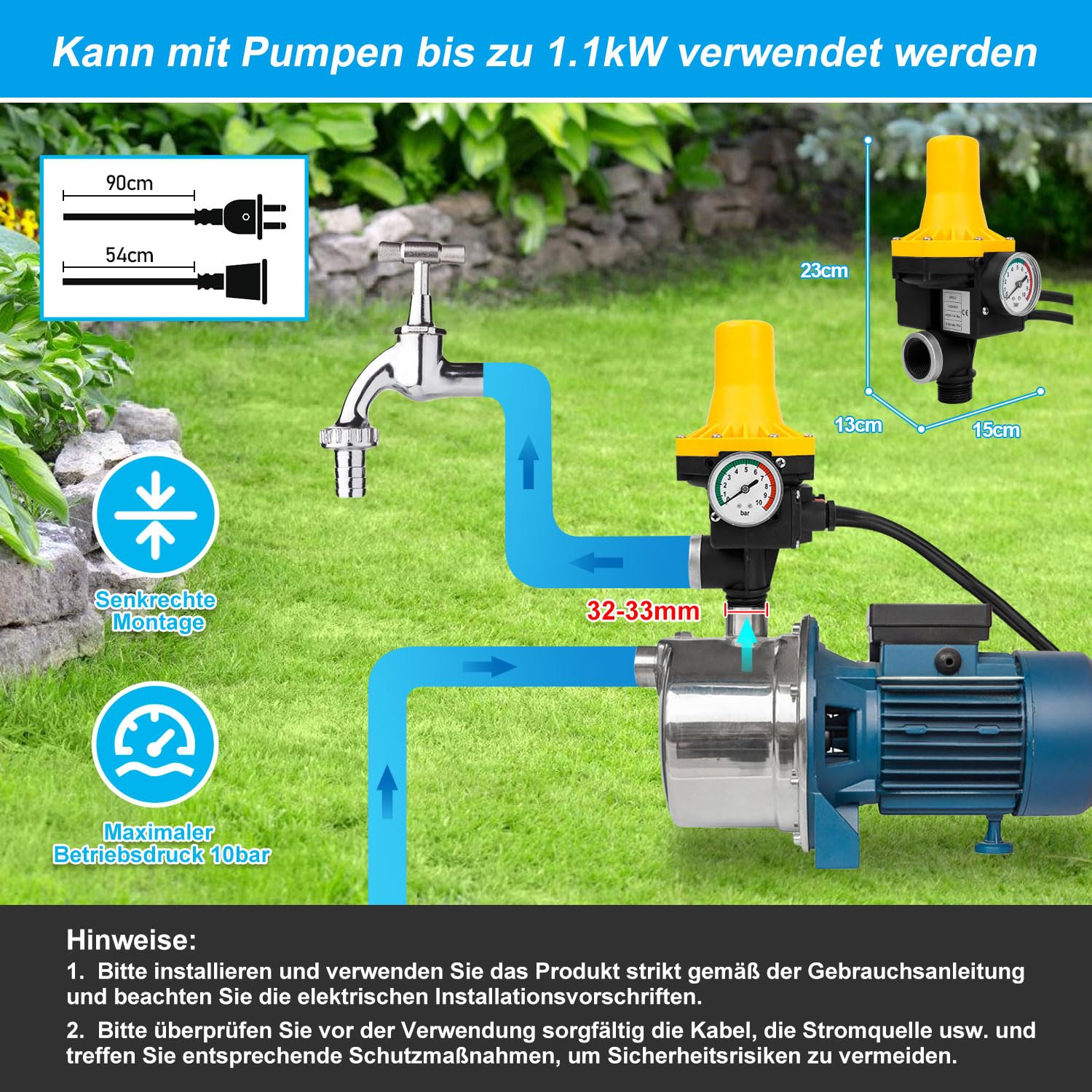 Control electrónico de la bomba 1100 W 9000 l/h, interruptor de presión para agua, 10 bares de presión con cable, interruptor de presión IP65 para bombas de agua (1,5-3 bares)