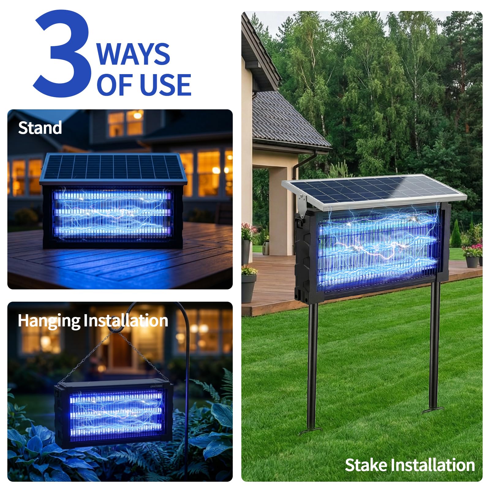 2026 - Eliminador solar de mosquitos al aire libre, solar 4500 V, impermeable, trampa eléctrica para moscas con sensor de panel y exterminador de insectos para interiores, para el hogar, patio