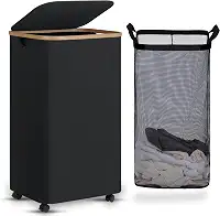 efluky Cesto de Lavanderia com Rodas, Cesto de Roupas Sujas Alto com Tampa e Bolsa Removível, 100L, Preto