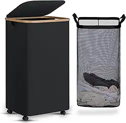 efluky Cesto de Lavanderia com Rodas, Cesto de Roupas Sujas Alto com Tampa e Bolsa Removível, 100L, Preto