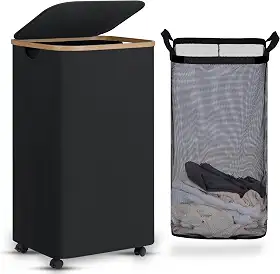 efluky Cesto de Lavanderia com Rodas, Cesto de Roupas Sujas Alto com Tampa e Bolsa Removível, 100L, Preto