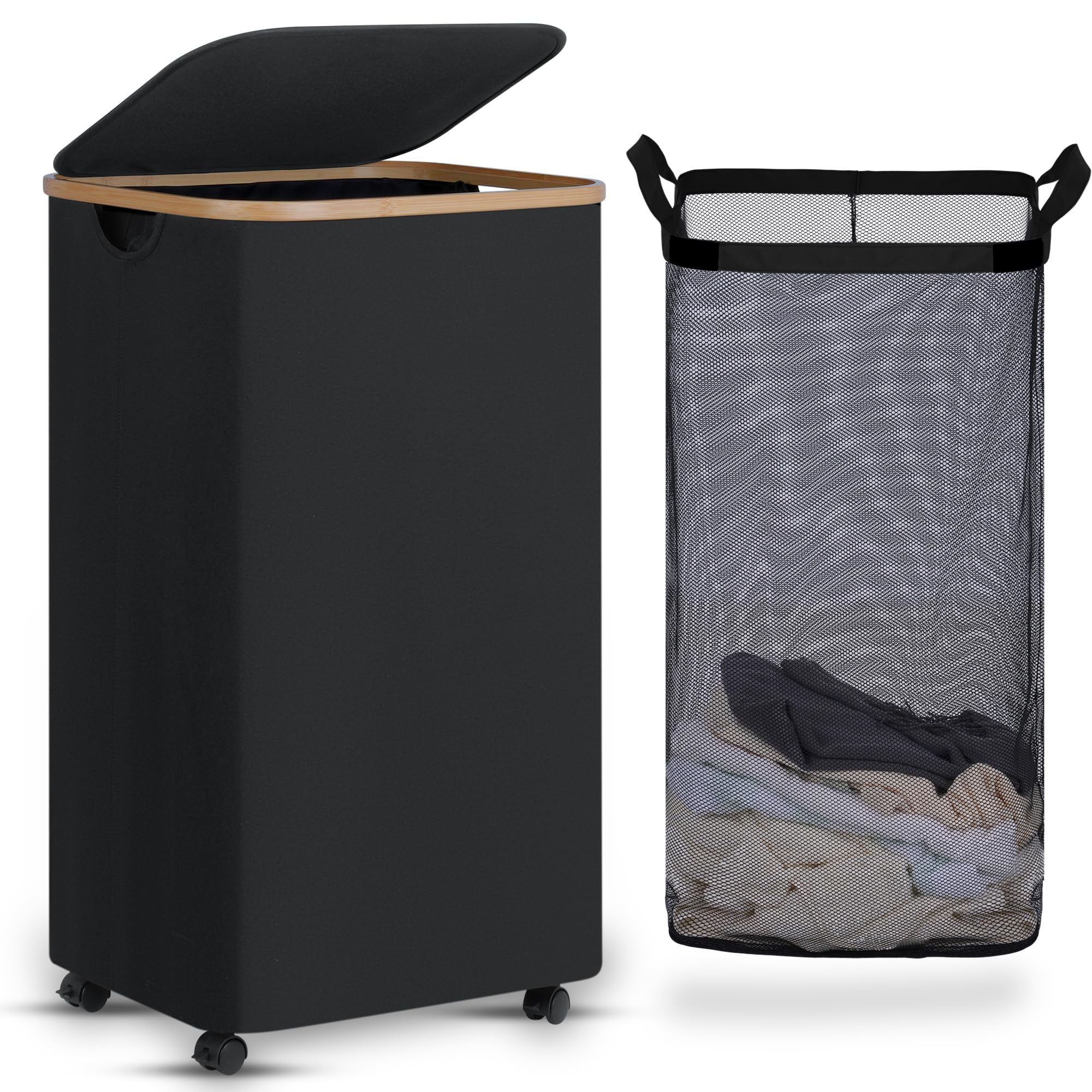 efluky Laundry Basket with Wheels, Tall Rolling Laundry Hamper with Lid and Removable Bag, Aesthetic Dirty Clothes Hamper on Wheels for Laundry Room, Bedroom, Dorm and Bathroom, 100L Black