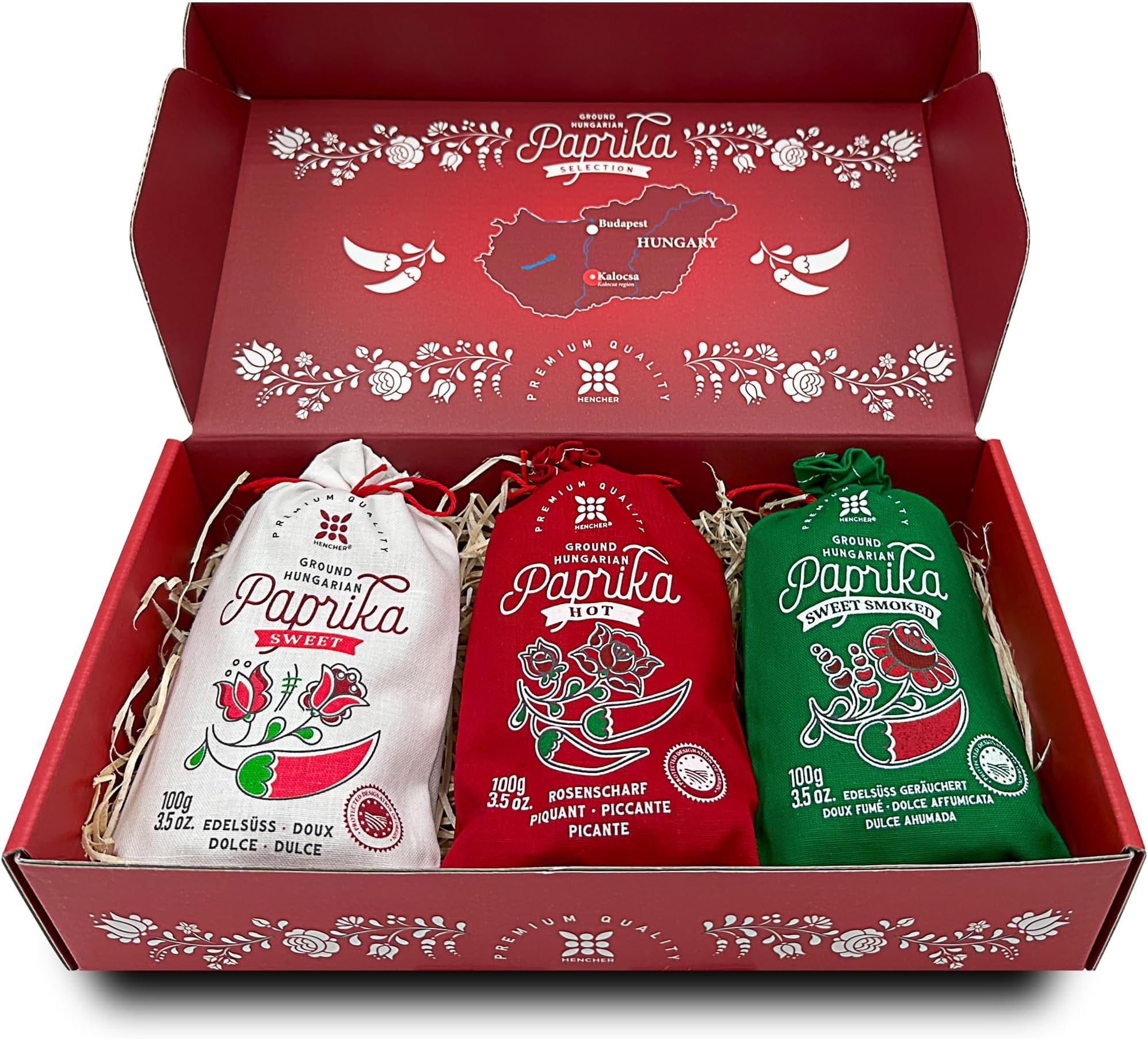Hungarian Paprika Powder Gift Set (3 x 100g) Imported from Kalocsa, Hungary, Sweet, Spicy and Smoked Paprika