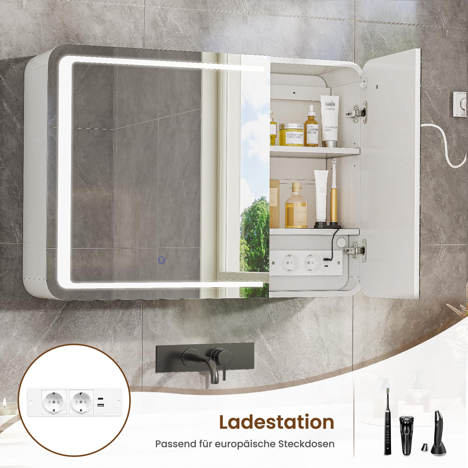 Armoire Salle de Bain Miroir avec éclairage LED & Prise, Armoire Murale Salle de Bain avec Miroir HD, 3 Étagères Réglables, Angles Arrondis, Armoire de Toilette, 16 x 80 x 60 cm, Blanc
